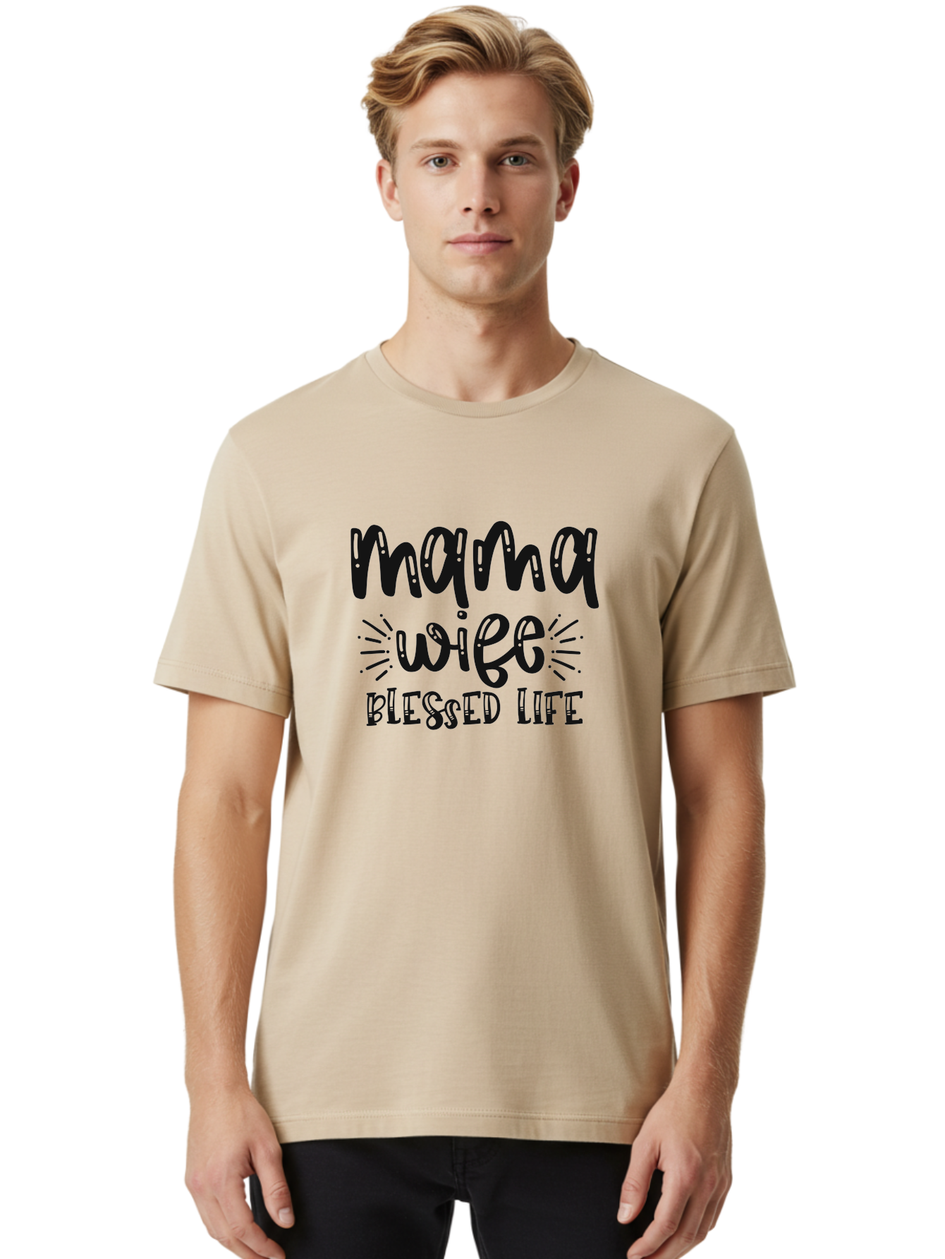Mama-Wife-Blessed-Life Men'S Graphic Tee, 100% Cotton, Comfortable Casual Summer Wear, Machine Washable, Mama Wife Blessed Life, Inspirational Quotes, Motivational Phrases, Motherhood, Marriage, Faith, Positive Affirmations, Family Values, Aad436