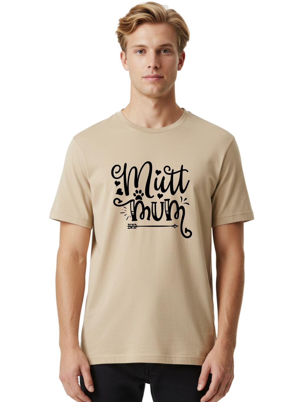 Mitt-Mum Men'S Graphic Tee, 100% Cotton, Comfortable Casual Summer Wear, Machine Washable, Mitt Mum, Dog Mom, Pet Lover, Cute Typography, Black Font, Hearts, Paw Print, Arrow Design, Whimsical Elements, Dog Mom Gifts, Pet Accessories Aad439
