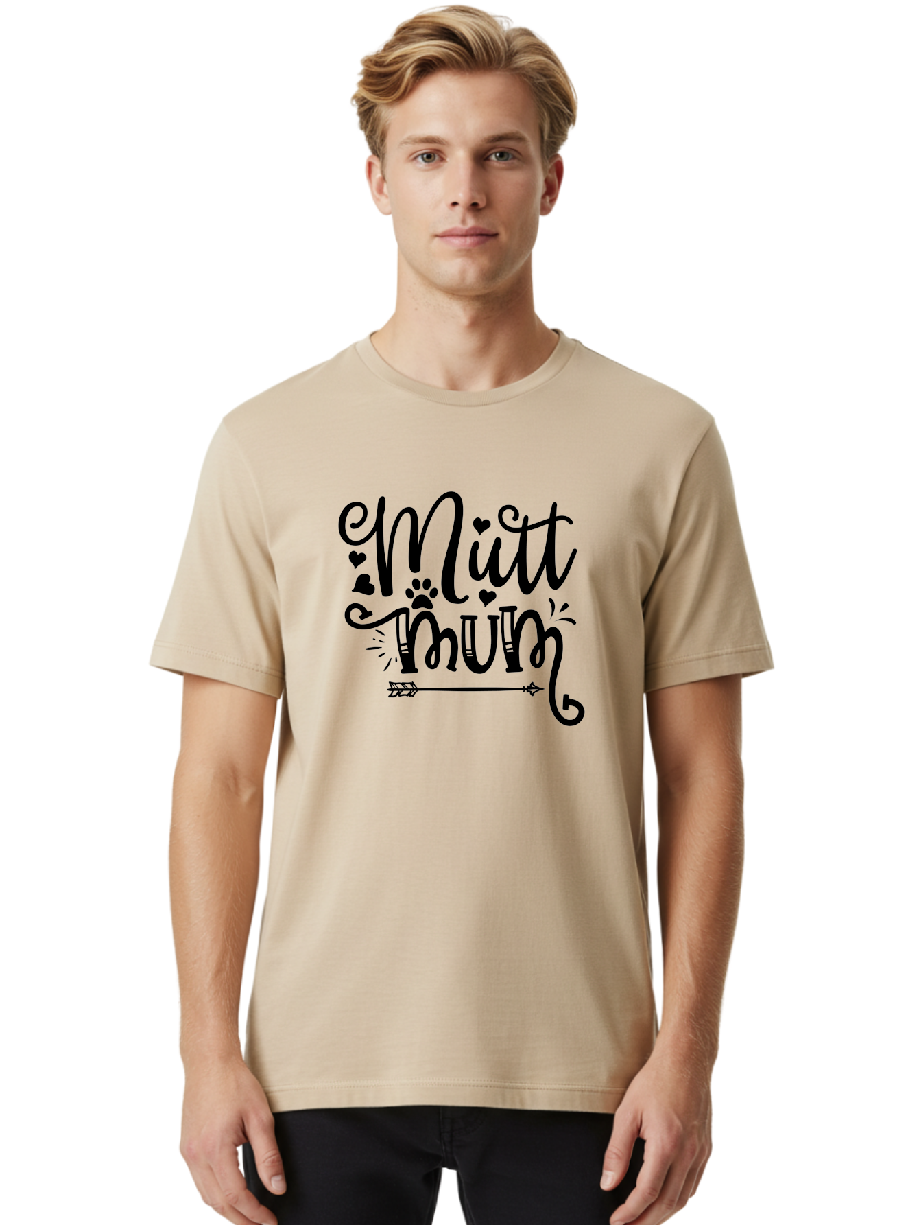 Mitt-Mum Men'S Graphic Tee, 100% Cotton, Comfortable Casual Summer Wear, Machine Washable, Mitt Mum, Dog Mom, Pet Lover, Cute Typography, Black Font, Hearts, Paw Print, Arrow Design, Whimsical Elements, Dog Mom Gifts, Pet Accessories Aad439