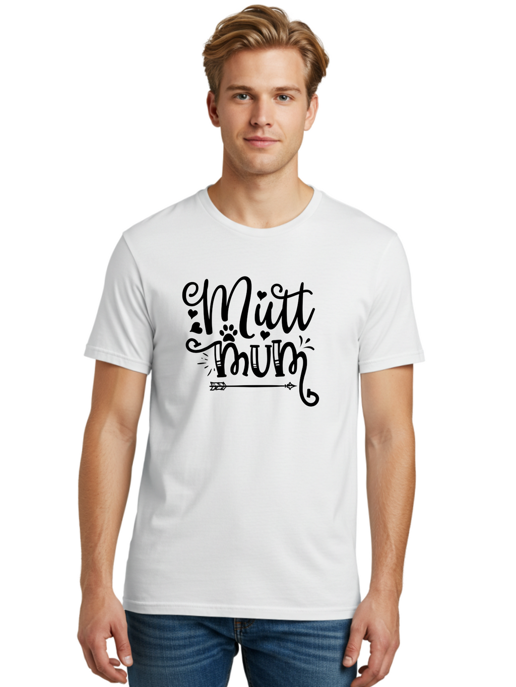 Mitt-Mum Men'S Graphic Tee, 100% Cotton, Comfortable Casual Summer Wear, Machine Washable, Mitt Mum, Dog Mom, Pet Lover, Cute Typography, Black Font, Hearts, Paw Print, Arrow Design, Whimsical Elements, Dog Mom Gifts, Pet Accessories Aad439