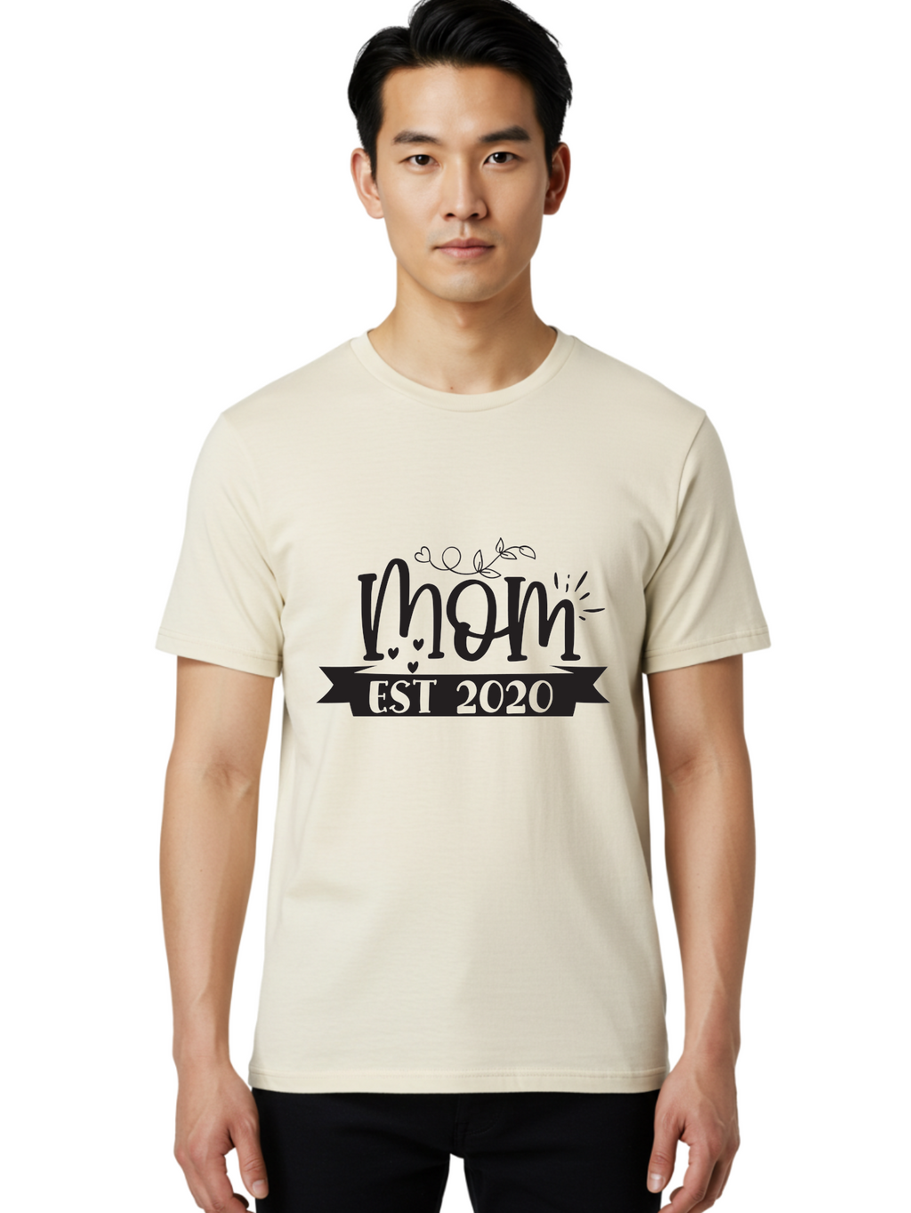 Mom-Est-2020 Men'S Graphic Tee, 100% Cotton, Comfortable Casual Summer Wear, Machine Washable, Mom Est 2020, Motherhood, New Mom, Mom Life, Hearts, Leaves, Vine, Mom Quote, Banner, 2020 Aad441