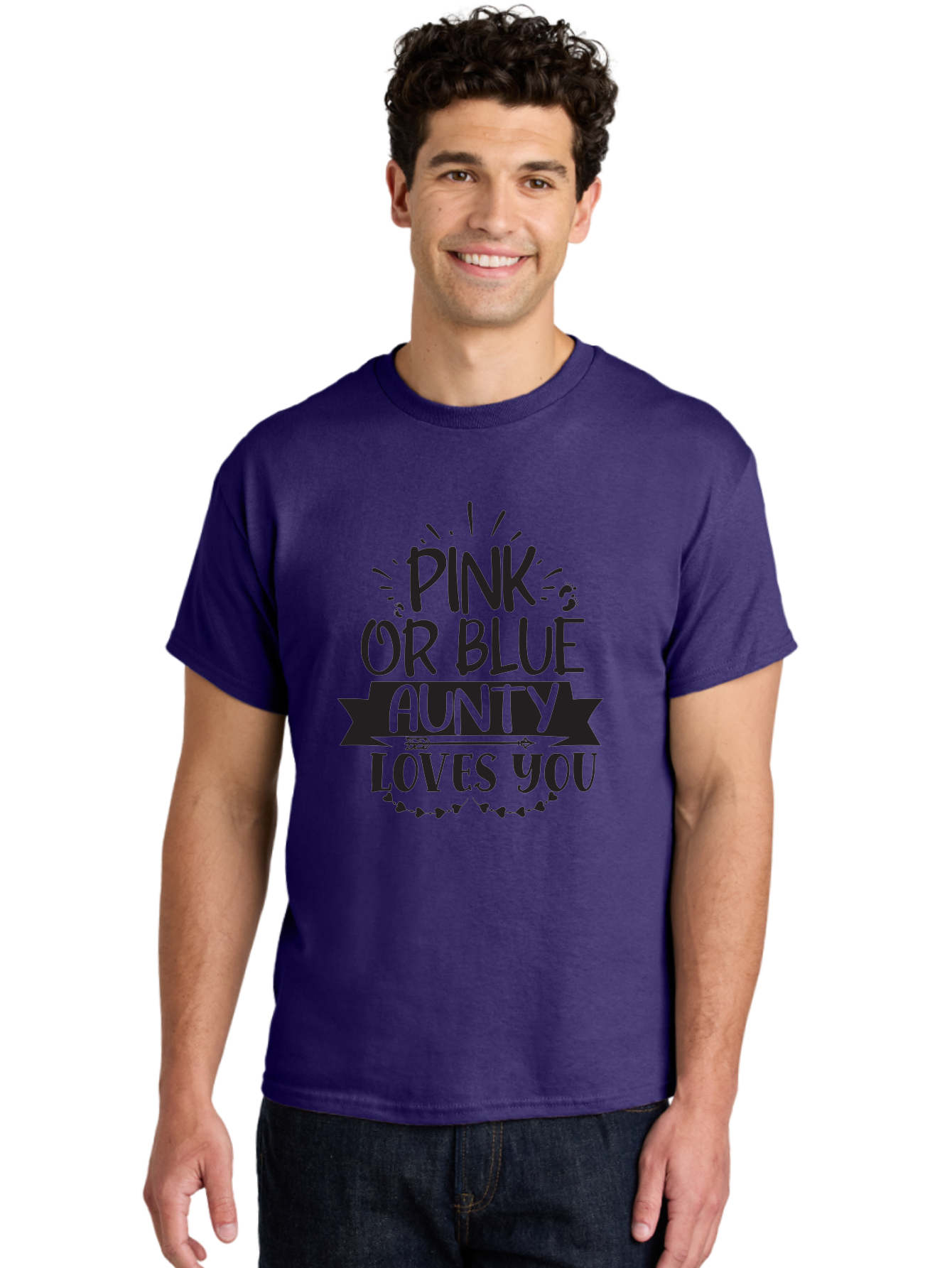 Pink-Or-Blue-Aunty-Loves-You Men'S Graphic Tee, 100% Cotton, Comfortable Casual Summer Wear, Machine Washable, Gender Reveal Message, Aunty Loves You, Pink Or Blue Theme, Baby Announcement, Cute Design, Fun Typography, Playful Decor, Aad455
