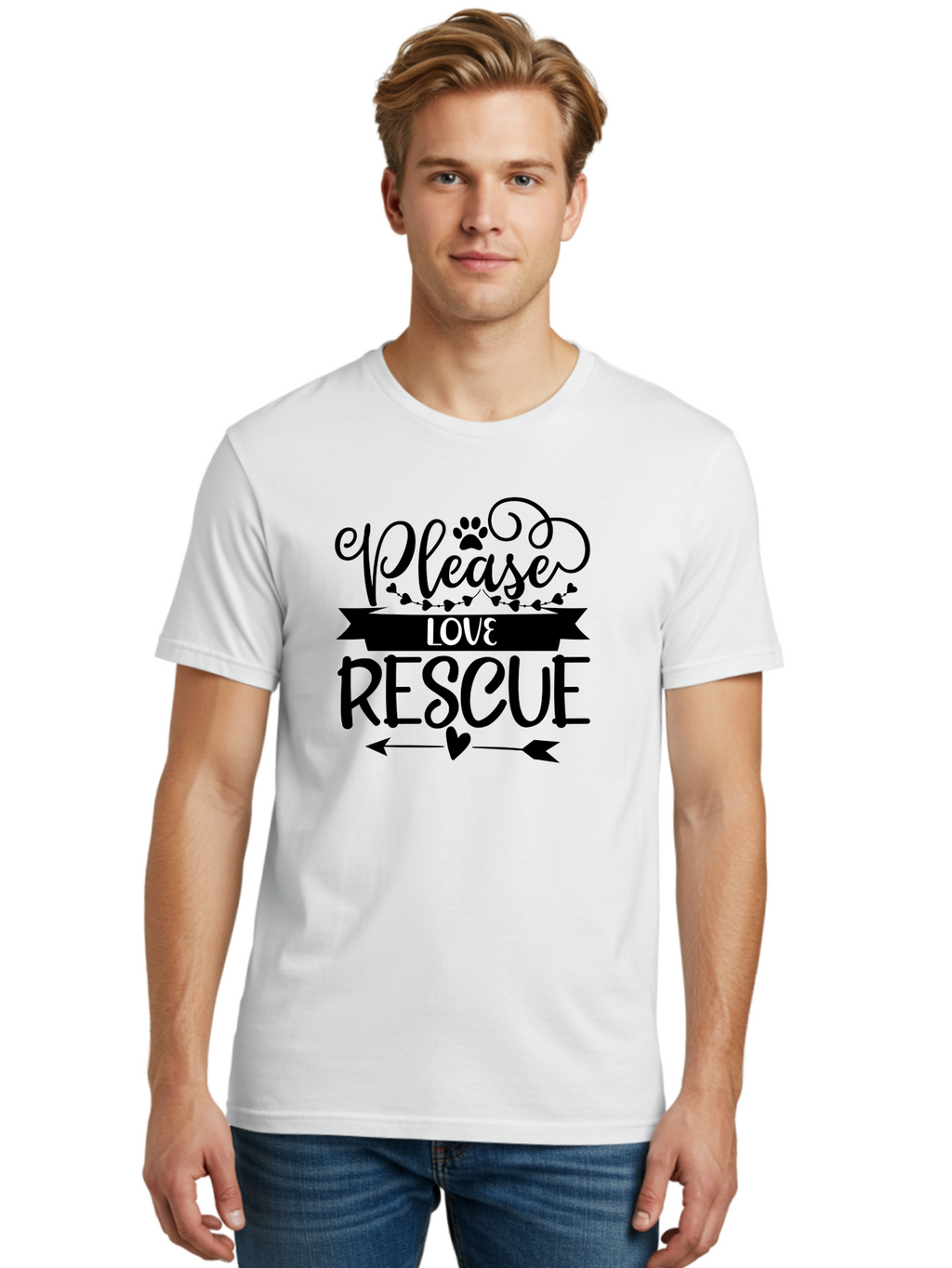 Please-Love-Rescue Men'S Graphic Tee, 100% Cotton, Comfortable Casual Summer Wear, Machine Washable, Animal Rescue, Pet Adoption, Love Animals, Adopt Don'T Shop, Animal Welfare, Charity Support, Kindness To Animals, Rescue Mission Aad464