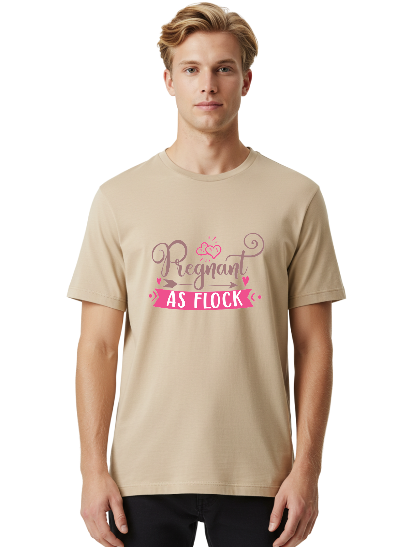 Pregnant-As-Flock Men'S Graphic Tee, 100% Cotton, Comfortable Casual Summer Wear, Machine Washable, Pregnant Announcement, Expectant Mother, Baby On Board, Pink Hearts, Cute Design, Pregnancy Reveal, New Baby, Baby Shower Gift Aad467