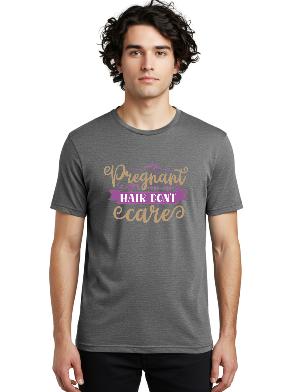 Pregnant-Hair-Don-T-Care Men'S Graphic Tee, 100% Cotton, Comfortable Casual Summer Wear, Machine Washable, Pregnancy Humor, Funny Quotes, Hair Care Jokes, Pink Script, Purple Banner, Pregnancy Memes, Expectant Mothers, Humorous Sayings, Aad468