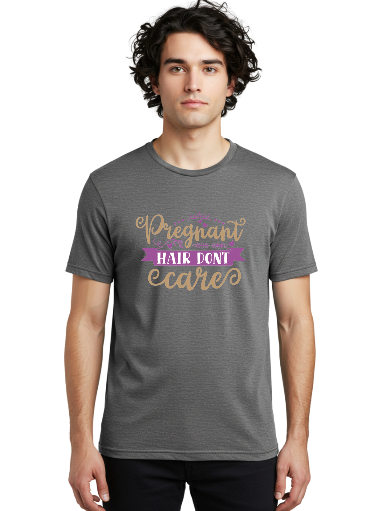 Pregnant-Hair-Don-T-Care Men'S Graphic Tee, 100% Cotton, Comfortable Casual Summer Wear, Machine Washable, Pregnancy Humor, Funny Quotes, Hair Care Jokes, Pink Script, Purple Banner, Pregnancy Memes, Expectant Mothers, Humorous Sayings, Aad468