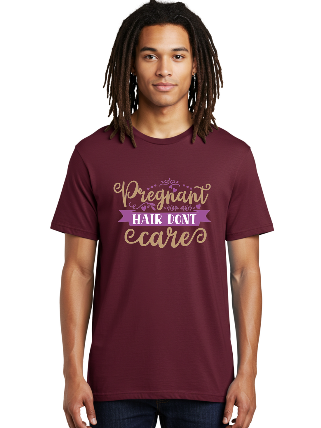Pregnant-Hair-Don-T-Care Men'S Graphic Tee, 100% Cotton, Comfortable Casual Summer Wear, Machine Washable, Pregnancy Humor, Funny Quotes, Hair Care Jokes, Pink Script, Purple Banner, Pregnancy Memes, Expectant Mothers, Humorous Sayings, Aad468