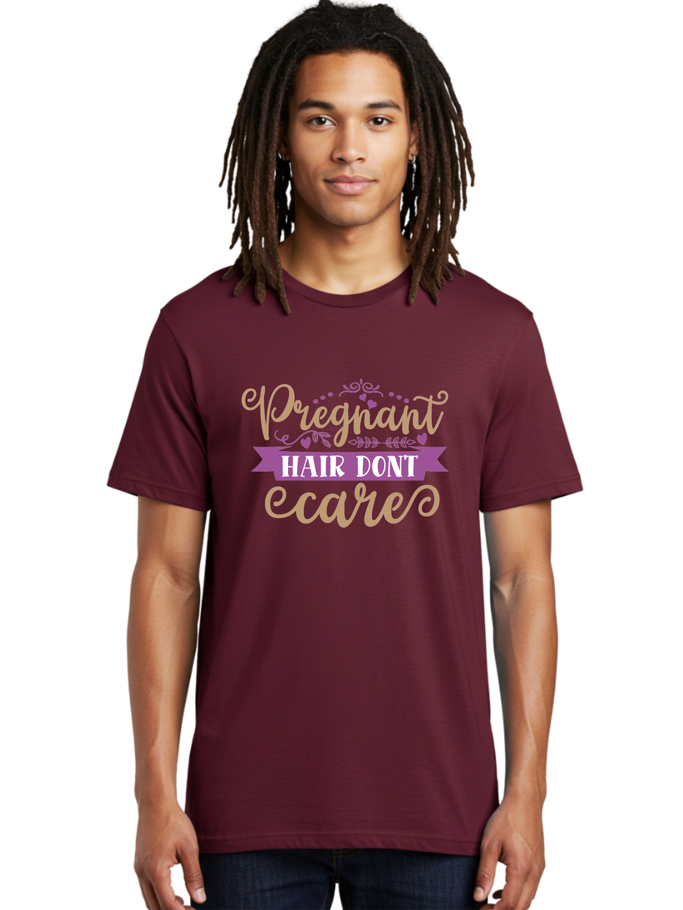 Pregnant-Hair-Don-T-Care Men'S Graphic Tee, 100% Cotton, Comfortable Casual Summer Wear, Machine Washable, Pregnancy Humor, Funny Quotes, Hair Care Jokes, Pink Script, Purple Banner, Pregnancy Memes, Expectant Mothers, Humorous Sayings, Aad468