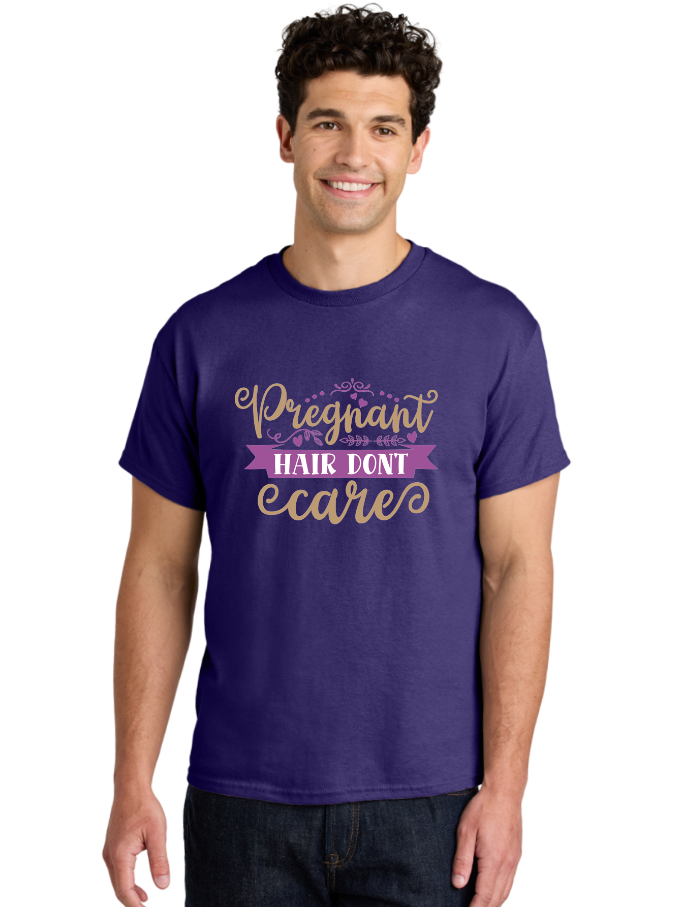 Pregnant-Hair-Don-T-Care Men'S Graphic Tee, 100% Cotton, Comfortable Casual Summer Wear, Machine Washable, Pregnancy Humor, Funny Quotes, Hair Care Jokes, Pink Script, Purple Banner, Pregnancy Memes, Expectant Mothers, Humorous Sayings, Aad468