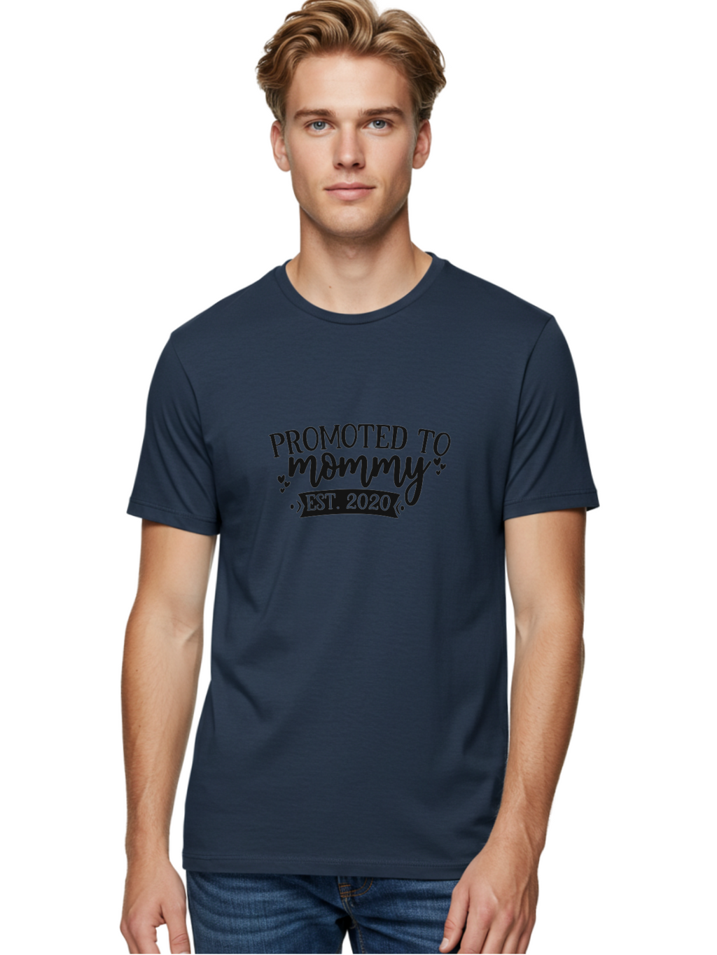 Promoted-To-Mommy Men'S Graphic Tee, 100% Cotton, Comfortable Casual Summer Wear, Machine Washable, Promoted To Mommy, New Mom, Motherhood, Est. 2020, Pregnancy Announcement, Parenting, Mother Love, Cute Design, Hearts, Banners Aad470