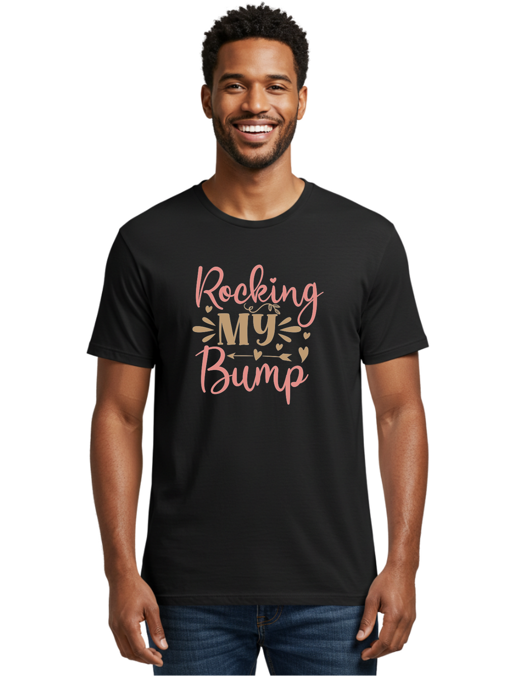 Rocking-My-Bump Men'S Graphic Tee, 100% Cotton, Comfortable Casual Summer Wear, Machine Washable, Baby Bump, Rocking My Baby Bump, Pink Cursive Text, Gold Lettering, Cute Designs, Pregnancy Announcement, Baby Shower, Hearts And Arrows, Aad473