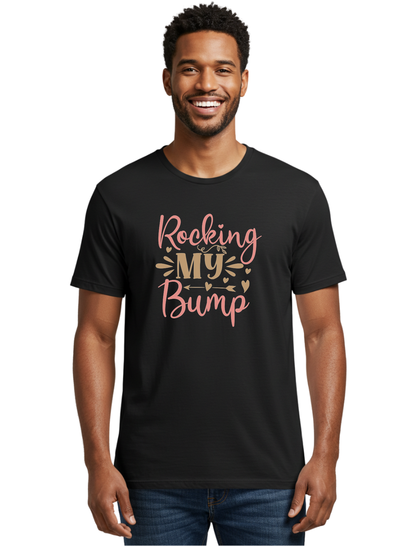 Rocking-My-Bump Men'S Graphic Tee, 100% Cotton, Comfortable Casual Summer Wear, Machine Washable, Baby Bump, Rocking My Baby Bump, Pink Cursive Text, Gold Lettering, Cute Designs, Pregnancy Announcement, Baby Shower, Hearts And Arrows, Aad473