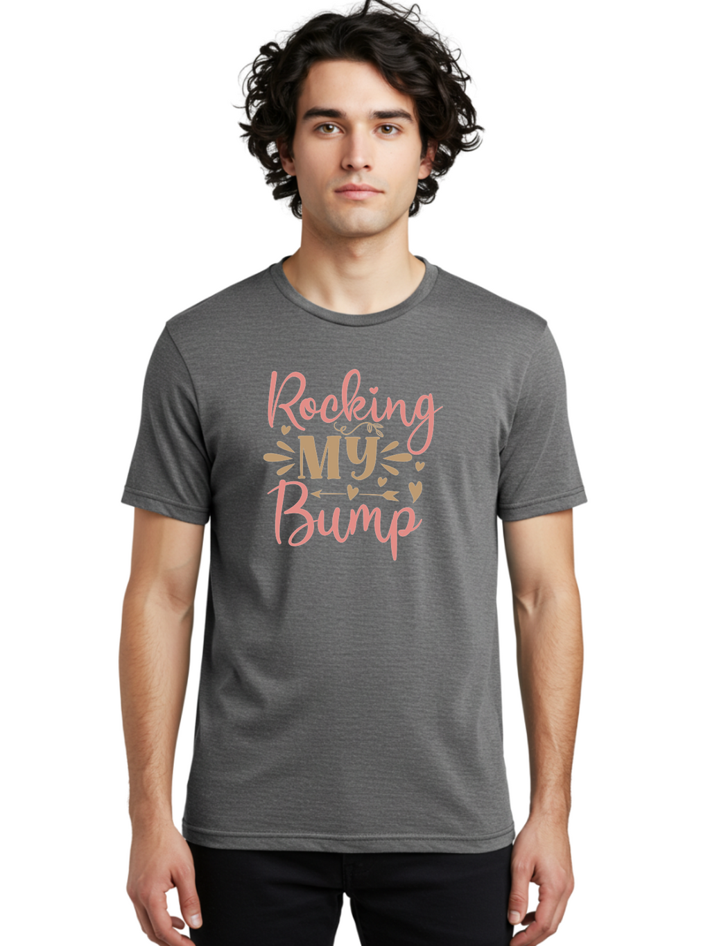 Rocking-My-Bump Men'S Graphic Tee, 100% Cotton, Comfortable Casual Summer Wear, Machine Washable, Baby Bump, Rocking My Baby Bump, Pink Cursive Text, Gold Lettering, Cute Designs, Pregnancy Announcement, Baby Shower, Hearts And Arrows, Aad473