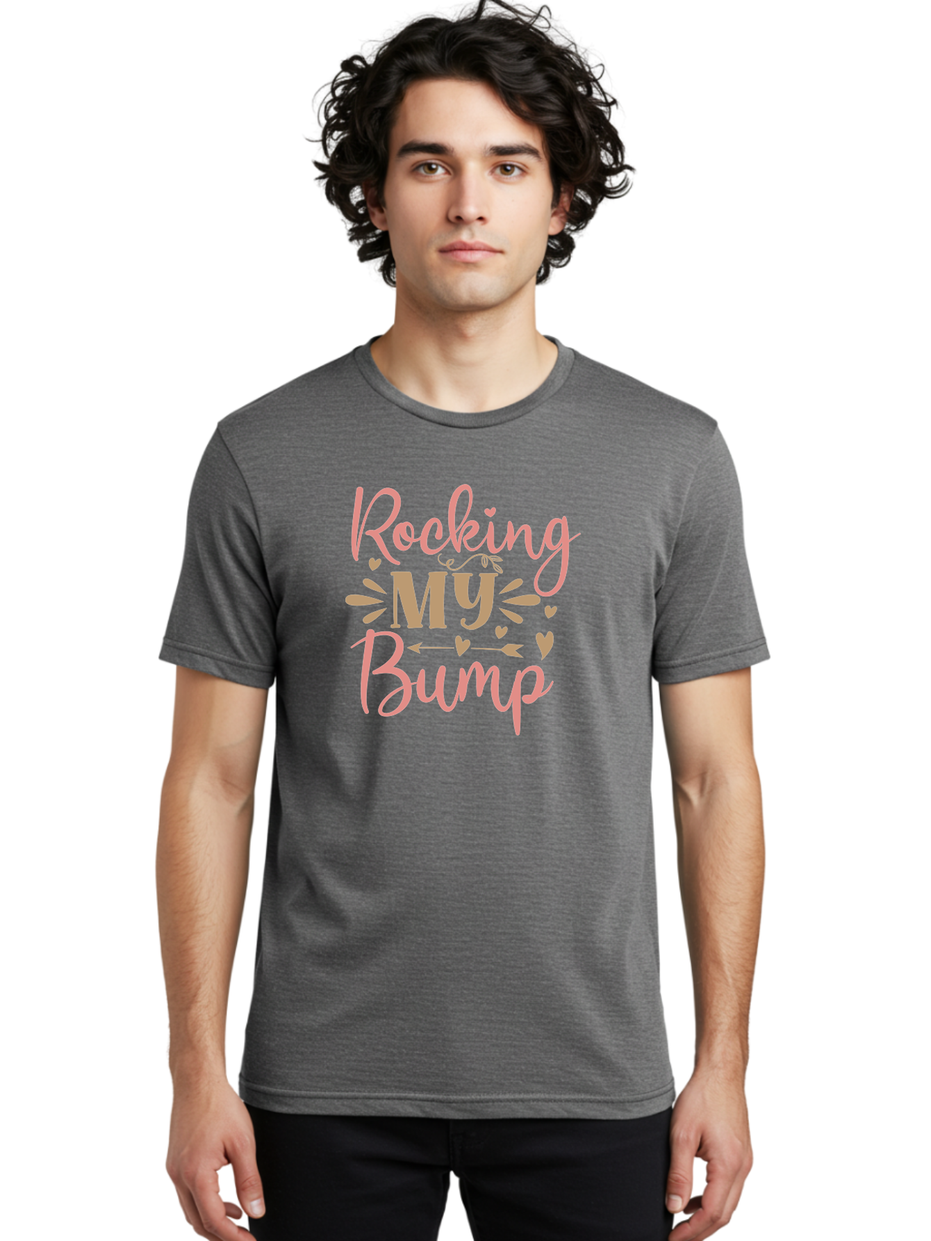 Rocking-My-Bump Men'S Graphic Tee, 100% Cotton, Comfortable Casual Summer Wear, Machine Washable, Baby Bump, Rocking My Baby Bump, Pink Cursive Text, Gold Lettering, Cute Designs, Pregnancy Announcement, Baby Shower, Hearts And Arrows, Aad473