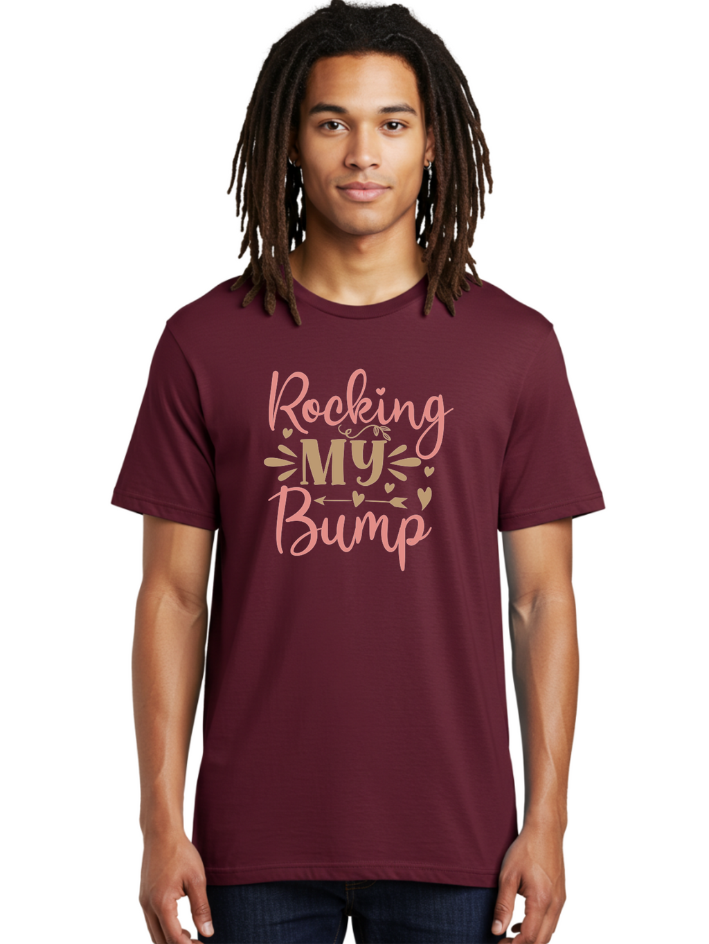 Rocking-My-Bump Men'S Graphic Tee, 100% Cotton, Comfortable Casual Summer Wear, Machine Washable, Baby Bump, Rocking My Baby Bump, Pink Cursive Text, Gold Lettering, Cute Designs, Pregnancy Announcement, Baby Shower, Hearts And Arrows, Aad473