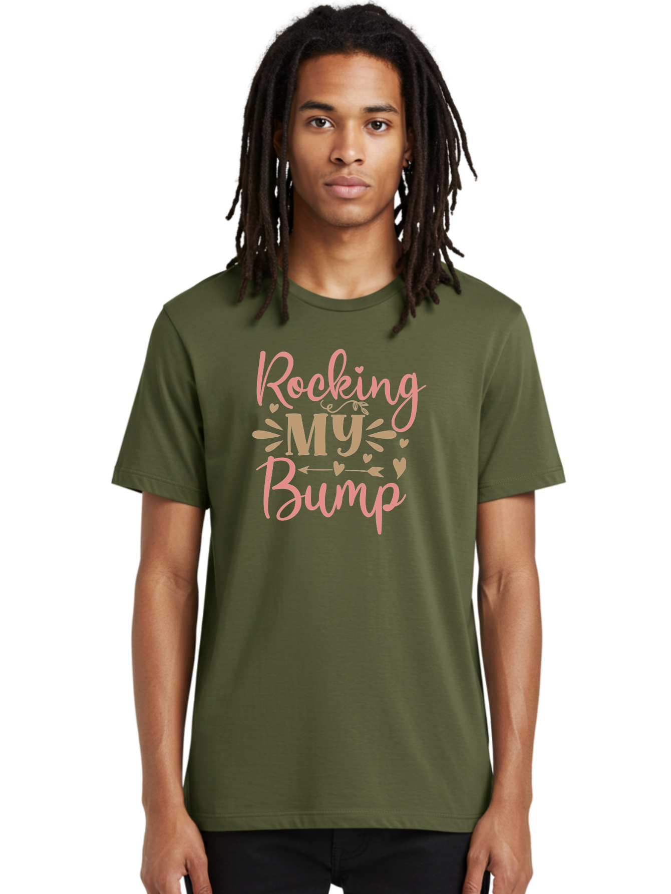 Rocking-My-Bump Men'S Graphic Tee, 100% Cotton, Comfortable Casual Summer Wear, Machine Washable, Baby Bump, Rocking My Baby Bump, Pink Cursive Text, Gold Lettering, Cute Designs, Pregnancy Announcement, Baby Shower, Hearts And Arrows, Aad473