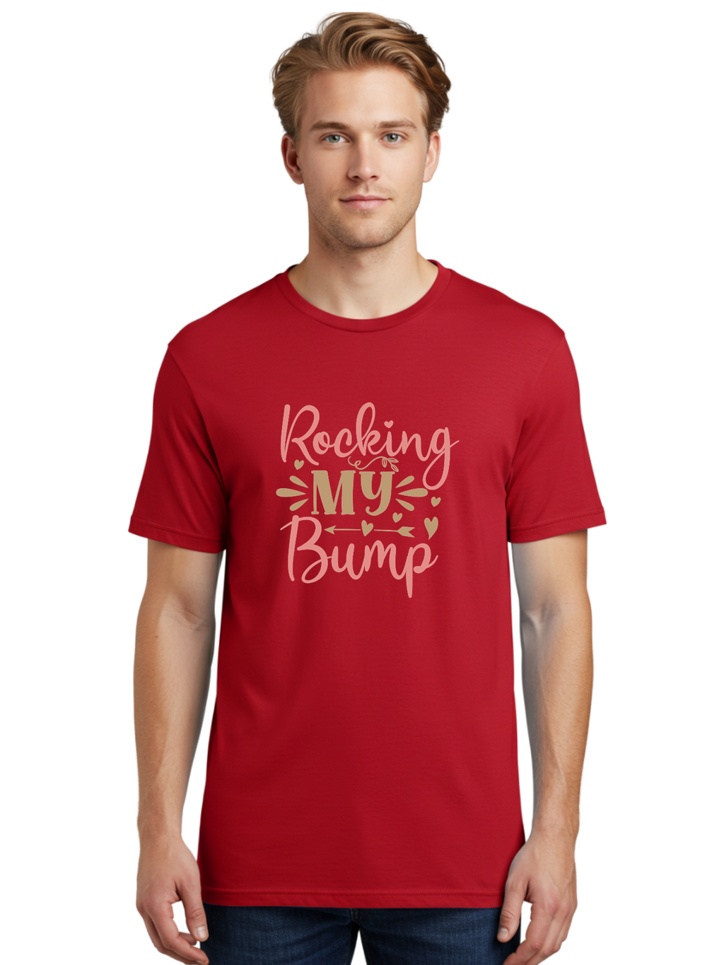 Rocking-My-Bump Men'S Graphic Tee, 100% Cotton, Comfortable Casual Summer Wear, Machine Washable, Baby Bump, Rocking My Baby Bump, Pink Cursive Text, Gold Lettering, Cute Designs, Pregnancy Announcement, Baby Shower, Hearts And Arrows, Aad473