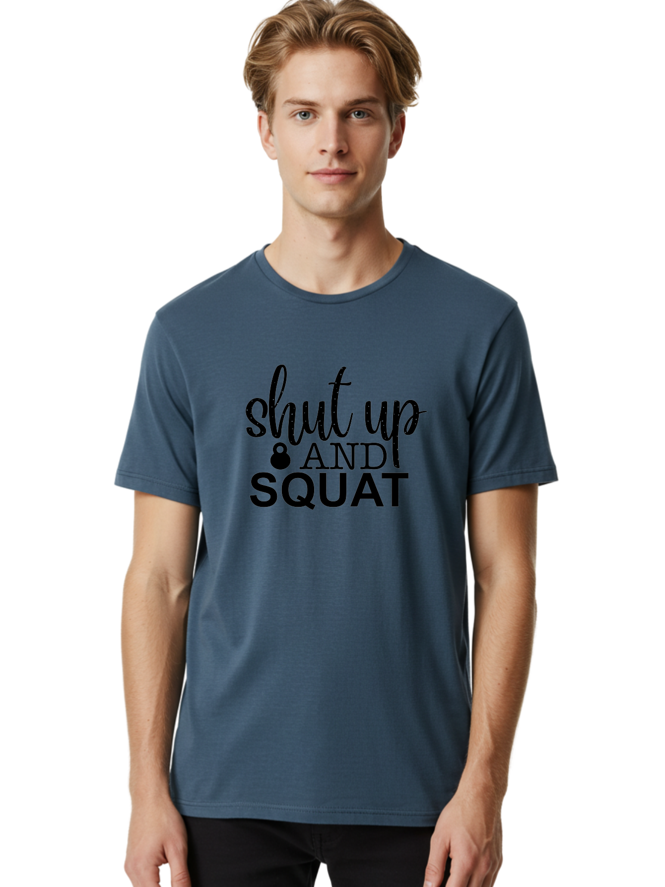 Shut-Up-And-Squat Men'S Graphic Tee, 100% Cotton, Comfortable Casual Summer Wear, Machine Washable, Motivational Quote, Fitness Inspiration, Workout Phrase, Gym Slogan, Squat Exercise, Kettlebell, Weightlifting, Strength Training, Aad475