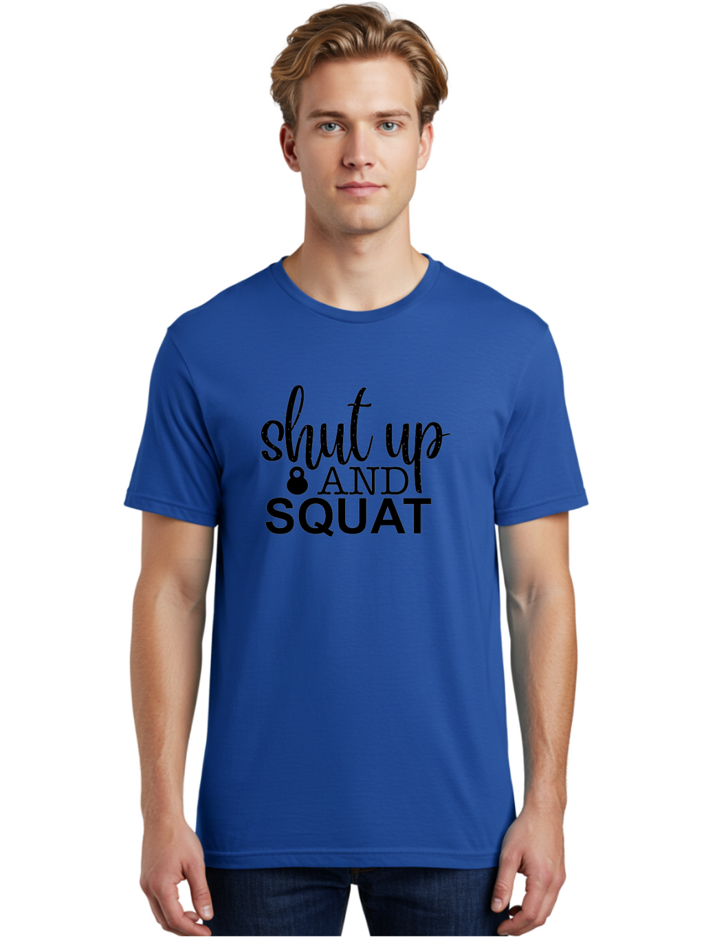 Shut-Up-And-Squat Men'S Graphic Tee, 100% Cotton, Comfortable Casual Summer Wear, Machine Washable, Motivational Quote, Fitness Inspiration, Workout Phrase, Gym Slogan, Squat Exercise, Kettlebell, Weightlifting, Strength Training, Aad475