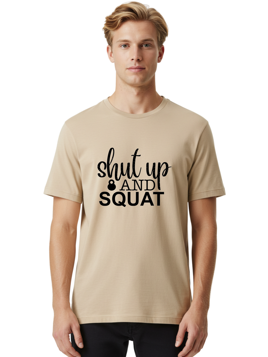 Shut-Up-And-Squat Men'S Graphic Tee, 100% Cotton, Comfortable Casual Summer Wear, Machine Washable, Motivational Quote, Fitness Inspiration, Workout Phrase, Gym Slogan, Squat Exercise, Kettlebell, Weightlifting, Strength Training, Aad475