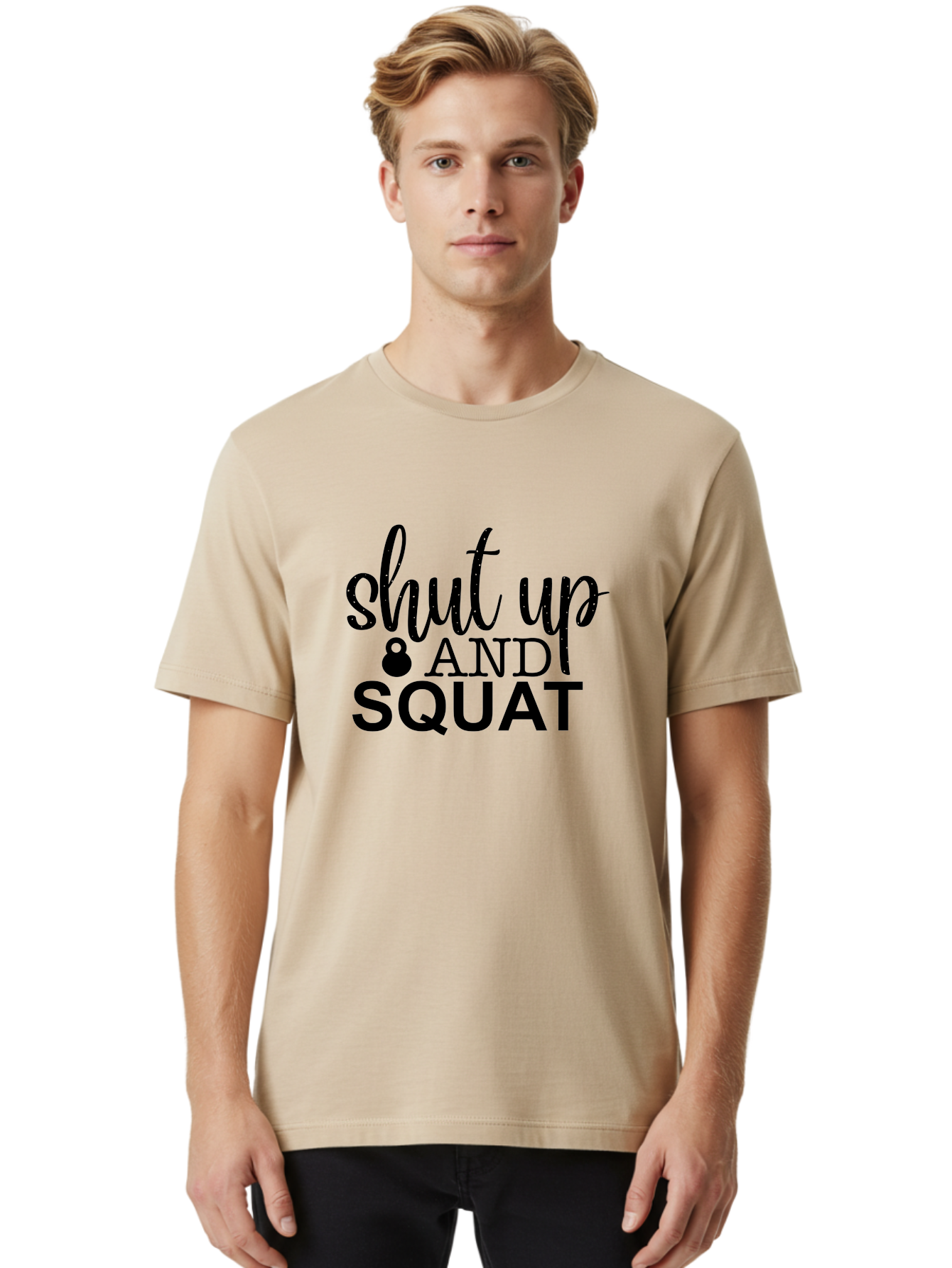 Shut-Up-And-Squat Men'S Graphic Tee, 100% Cotton, Comfortable Casual Summer Wear, Machine Washable, Motivational Quote, Fitness Inspiration, Workout Phrase, Gym Slogan, Squat Exercise, Kettlebell, Weightlifting, Strength Training, Aad475