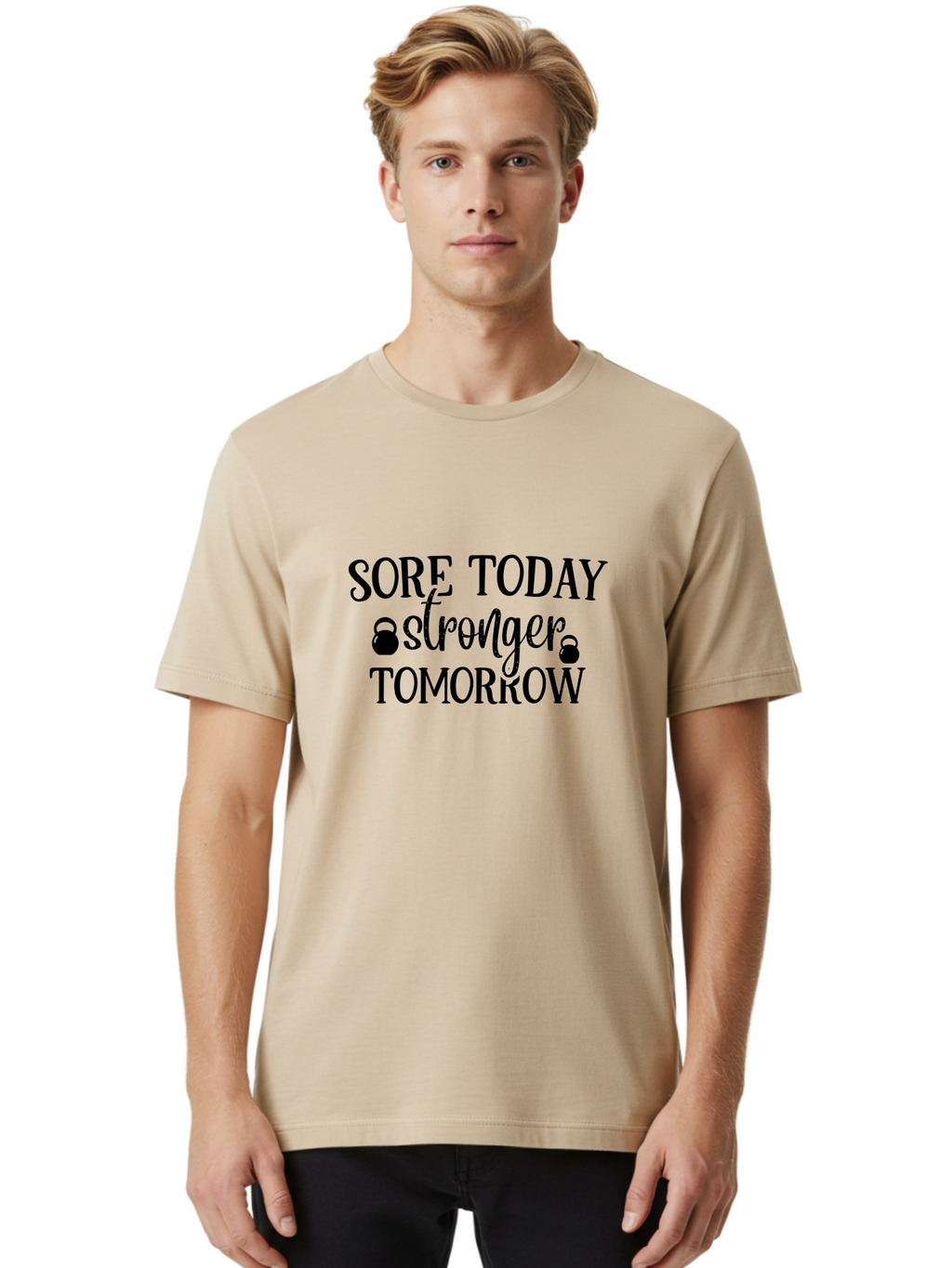 Sore-Today-Stronger-Tomorrow Men'S Graphic Tee, 100% Cotton, Comfortable Casual Summer Wear, Machine Washable, Motivational Quote, Fitness Inspiration, Gym Motivation, Workout Encouragement, Stronger Tomorrow, Kettlebell Weights, Aad478
