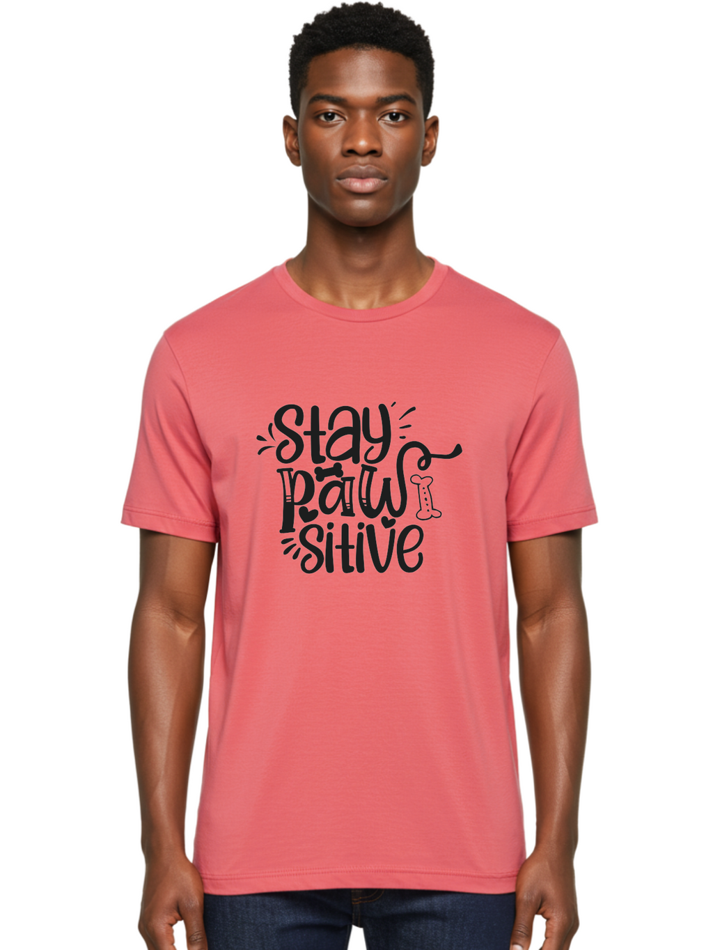 Stay-Paw-Sitive Men'S Graphic Tee, 100% Cotton, Comfortable Casual Summer Wear, Machine Washable, Dog Lover Quote, Positivity, Motivational Phrase, Paw Print, Dog Bones, Funny Dog Saying, Inspirational Quote, Pet Love, Stay Positive Aad482