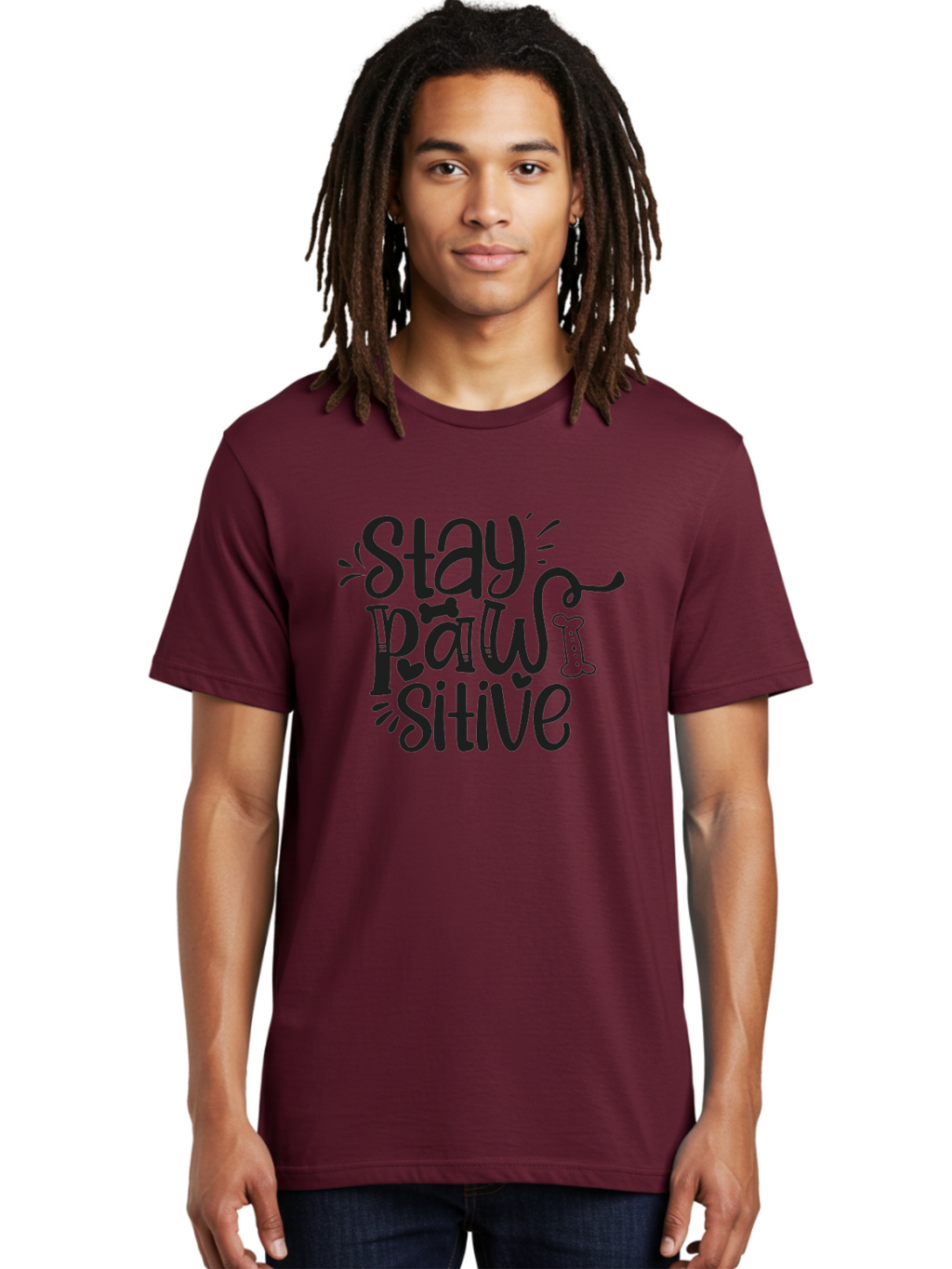Stay-Paw-Sitive Men'S Graphic Tee, 100% Cotton, Comfortable Casual Summer Wear, Machine Washable, Dog Lover Quote, Positivity, Motivational Phrase, Paw Print, Dog Bones, Funny Dog Saying, Inspirational Quote, Pet Love, Stay Positive Aad482