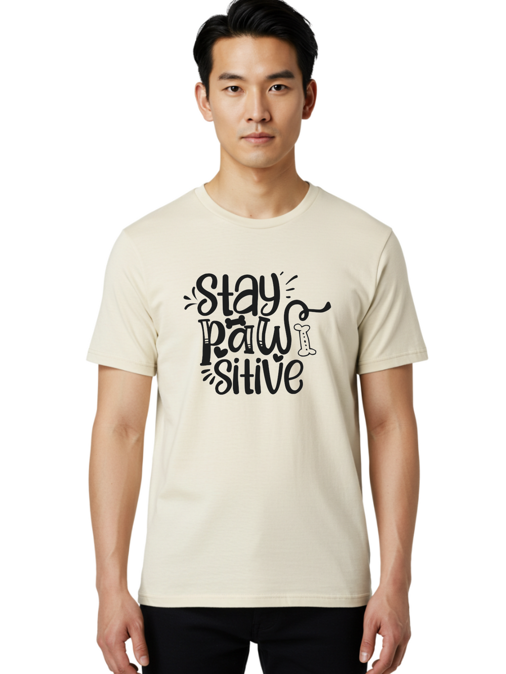 Stay-Paw-Sitive Men'S Graphic Tee, 100% Cotton, Comfortable Casual Summer Wear, Machine Washable, Dog Lover Quote, Positivity, Motivational Phrase, Paw Print, Dog Bones, Funny Dog Saying, Inspirational Quote, Pet Love, Stay Positive Aad482