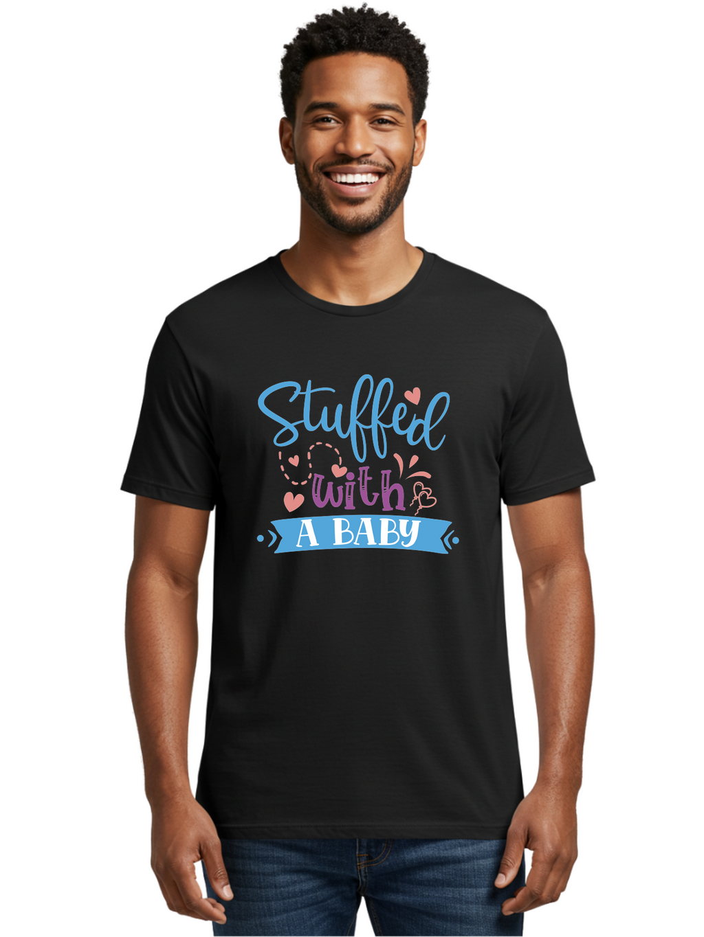 Stuffed-With-A-Baby Men'S Graphic Tee, 100% Cotton, Comfortable Casual Summer Wear, Machine Washable, Funny Pregnancy Announcement, Cute Baby Reveal, Playful Typography, Pink And Blue Hearts, Baby On Board, Sweet Designs, Gift Ideas Aad484