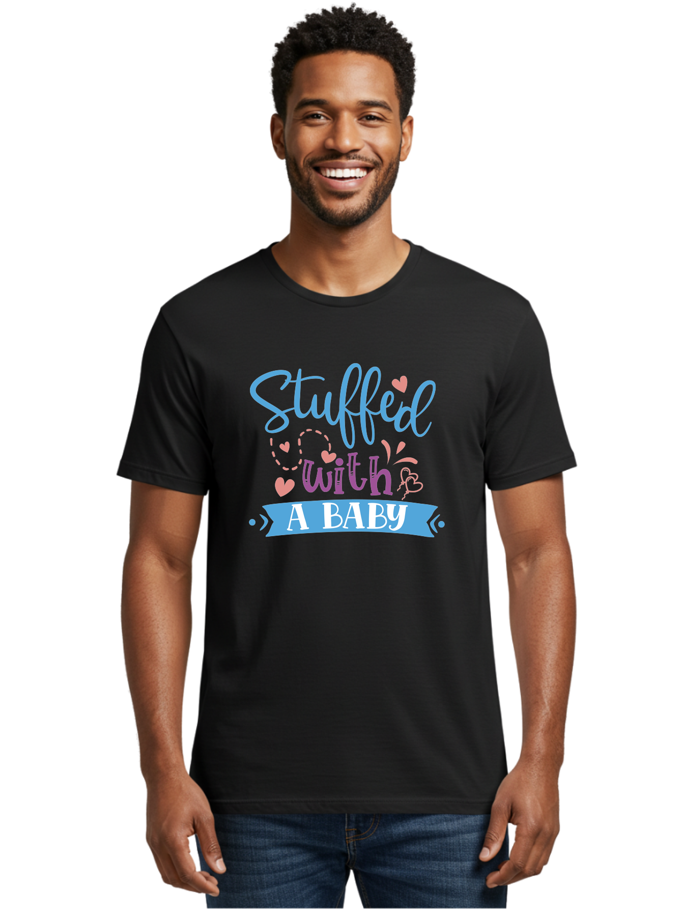 Stuffed-With-A-Baby Men'S Graphic Tee, 100% Cotton, Comfortable Casual Summer Wear, Machine Washable, Funny Pregnancy Announcement, Cute Baby Reveal, Playful Typography, Pink And Blue Hearts, Baby On Board, Sweet Designs, Gift Ideas Aad484
