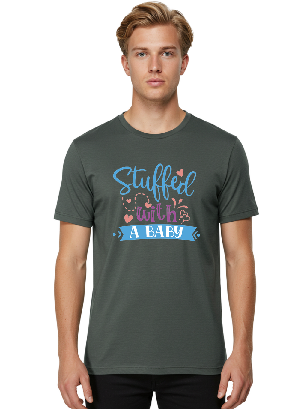 Stuffed-With-A-Baby Men'S Graphic Tee, 100% Cotton, Comfortable Casual Summer Wear, Machine Washable, Funny Pregnancy Announcement, Cute Baby Reveal, Playful Typography, Pink And Blue Hearts, Baby On Board, Sweet Designs, Gift Ideas Aad484