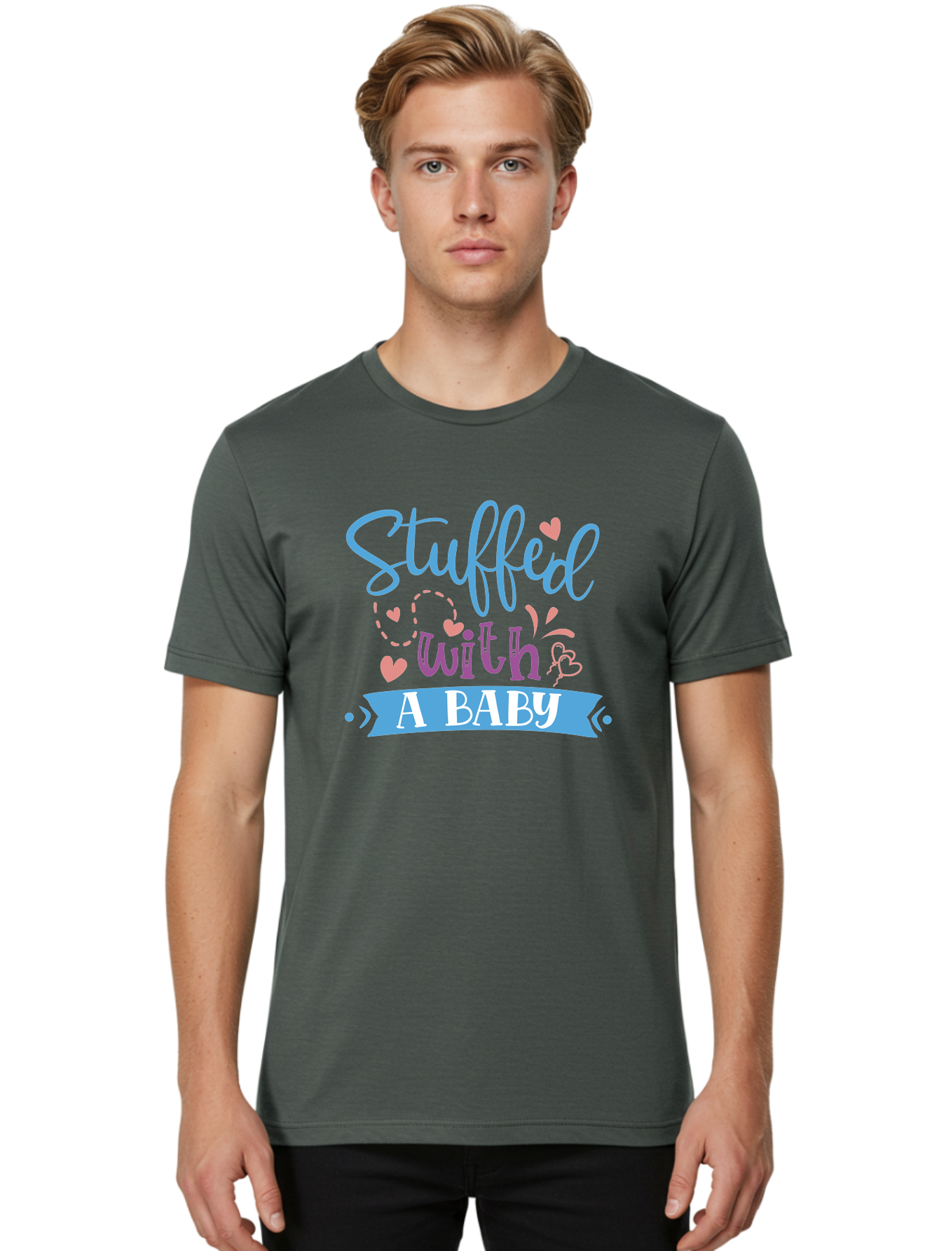 Stuffed-With-A-Baby Men'S Graphic Tee, 100% Cotton, Comfortable Casual Summer Wear, Machine Washable, Funny Pregnancy Announcement, Cute Baby Reveal, Playful Typography, Pink And Blue Hearts, Baby On Board, Sweet Designs, Gift Ideas Aad484