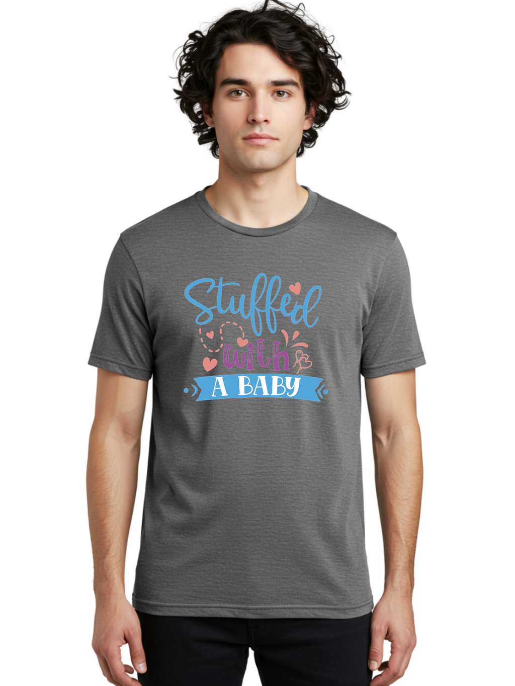 Stuffed-With-A-Baby Men'S Graphic Tee, 100% Cotton, Comfortable Casual Summer Wear, Machine Washable, Funny Pregnancy Announcement, Cute Baby Reveal, Playful Typography, Pink And Blue Hearts, Baby On Board, Sweet Designs, Gift Ideas Aad484