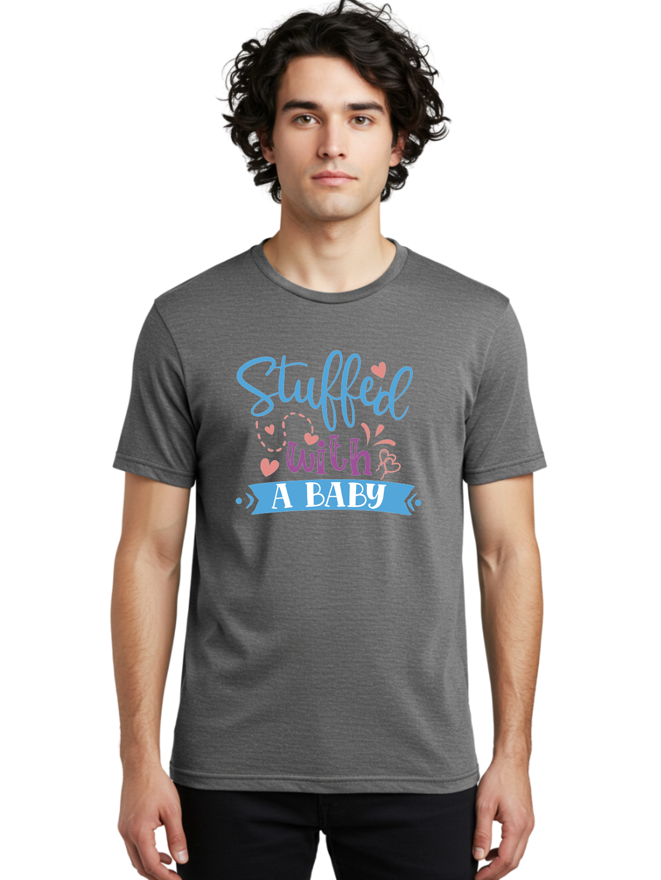 Stuffed-With-A-Baby Men'S Graphic Tee, 100% Cotton, Comfortable Casual Summer Wear, Machine Washable, Funny Pregnancy Announcement, Cute Baby Reveal, Playful Typography, Pink And Blue Hearts, Baby On Board, Sweet Designs, Gift Ideas Aad484