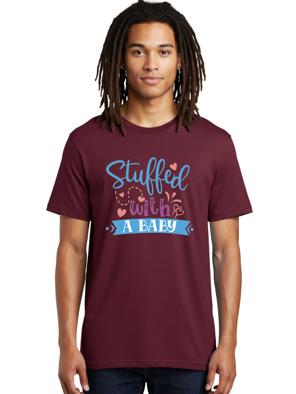 Stuffed-With-A-Baby Men'S Graphic Tee, 100% Cotton, Comfortable Casual Summer Wear, Machine Washable, Funny Pregnancy Announcement, Cute Baby Reveal, Playful Typography, Pink And Blue Hearts, Baby On Board, Sweet Designs, Gift Ideas Aad484