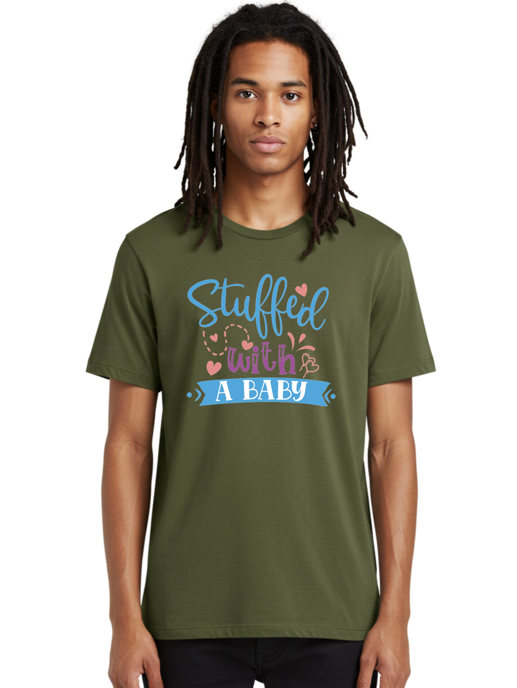 Stuffed-With-A-Baby Men'S Graphic Tee, 100% Cotton, Comfortable Casual Summer Wear, Machine Washable, Funny Pregnancy Announcement, Cute Baby Reveal, Playful Typography, Pink And Blue Hearts, Baby On Board, Sweet Designs, Gift Ideas Aad484