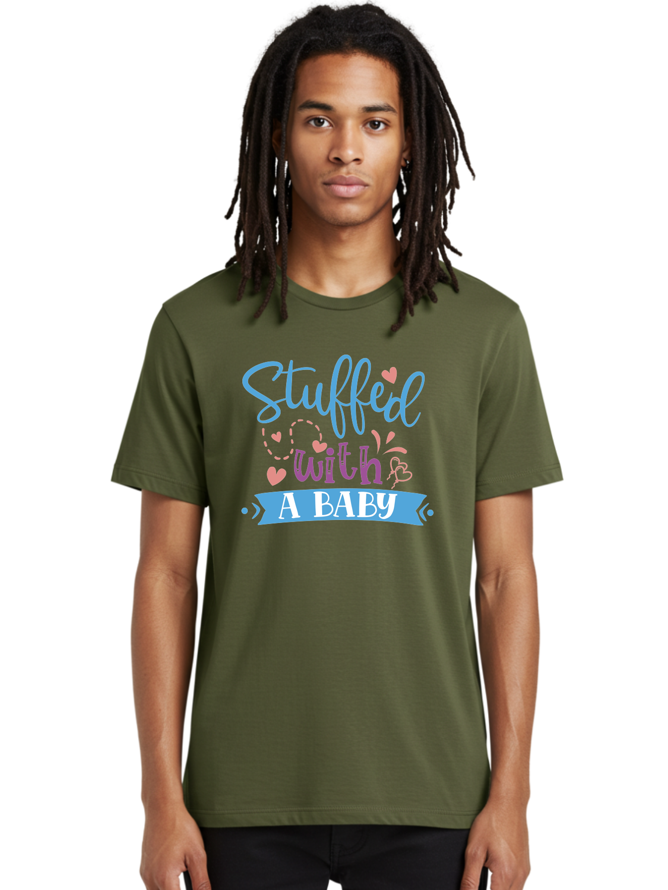 Stuffed-With-A-Baby Men'S Graphic Tee, 100% Cotton, Comfortable Casual Summer Wear, Machine Washable, Funny Pregnancy Announcement, Cute Baby Reveal, Playful Typography, Pink And Blue Hearts, Baby On Board, Sweet Designs, Gift Ideas Aad484