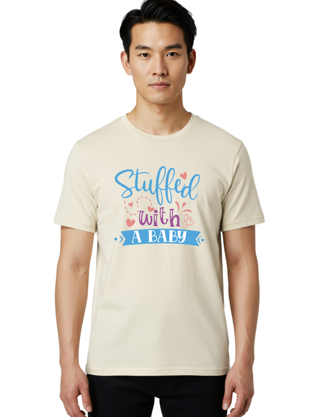 Stuffed-With-A-Baby Men'S Graphic Tee, 100% Cotton, Comfortable Casual Summer Wear, Machine Washable, Funny Pregnancy Announcement, Cute Baby Reveal, Playful Typography, Pink And Blue Hearts, Baby On Board, Sweet Designs, Gift Ideas Aad484