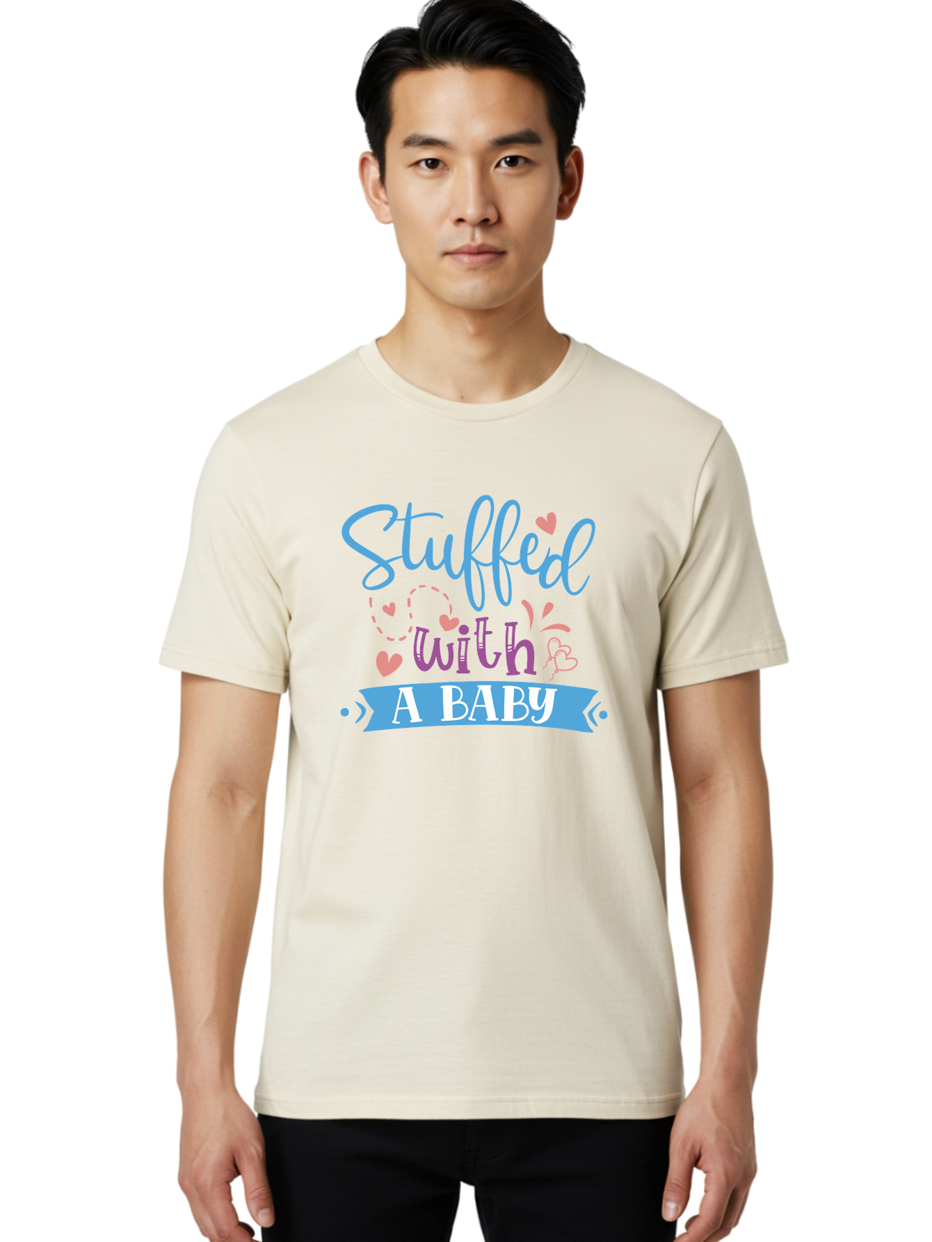 Stuffed-With-A-Baby Men'S Graphic Tee, 100% Cotton, Comfortable Casual Summer Wear, Machine Washable, Funny Pregnancy Announcement, Cute Baby Reveal, Playful Typography, Pink And Blue Hearts, Baby On Board, Sweet Designs, Gift Ideas Aad484