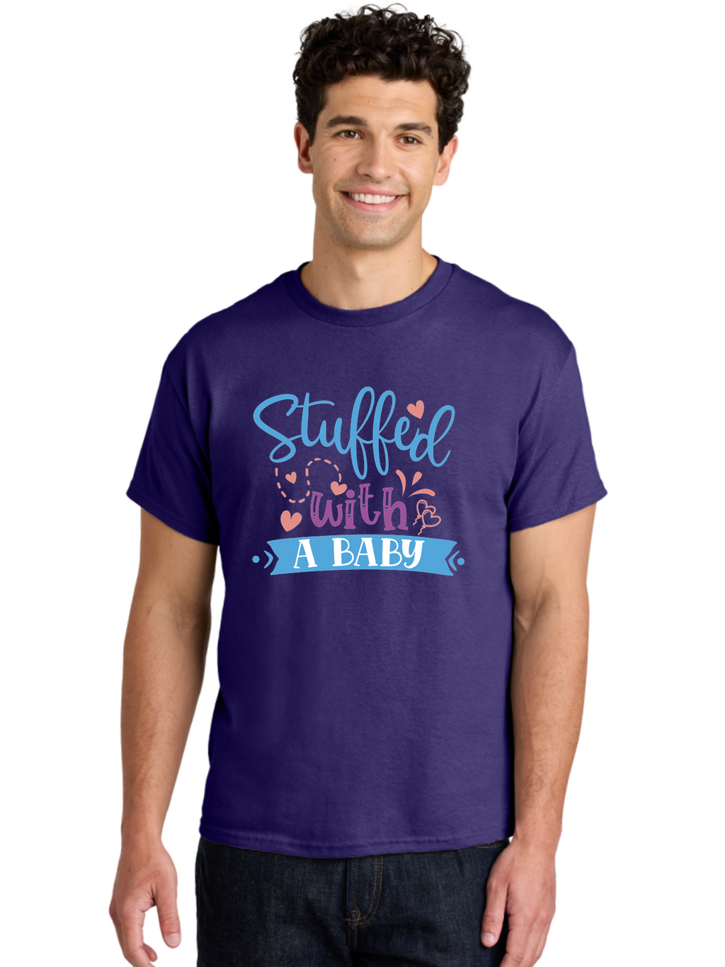 Stuffed-With-A-Baby Men'S Graphic Tee, 100% Cotton, Comfortable Casual Summer Wear, Machine Washable, Funny Pregnancy Announcement, Cute Baby Reveal, Playful Typography, Pink And Blue Hearts, Baby On Board, Sweet Designs, Gift Ideas Aad484