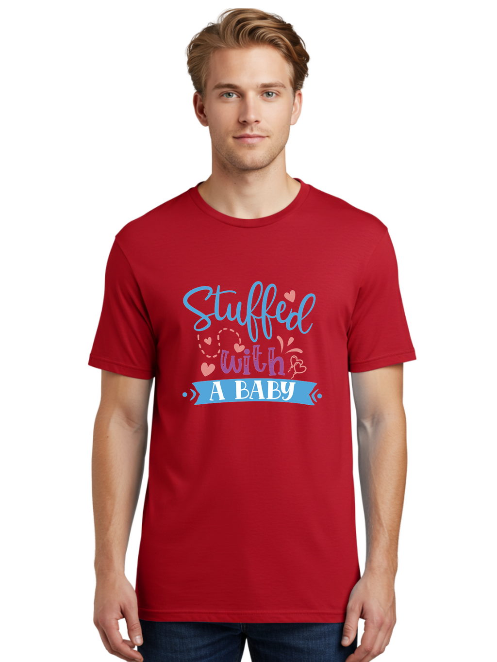 Stuffed-With-A-Baby Men'S Graphic Tee, 100% Cotton, Comfortable Casual Summer Wear, Machine Washable, Funny Pregnancy Announcement, Cute Baby Reveal, Playful Typography, Pink And Blue Hearts, Baby On Board, Sweet Designs, Gift Ideas Aad484