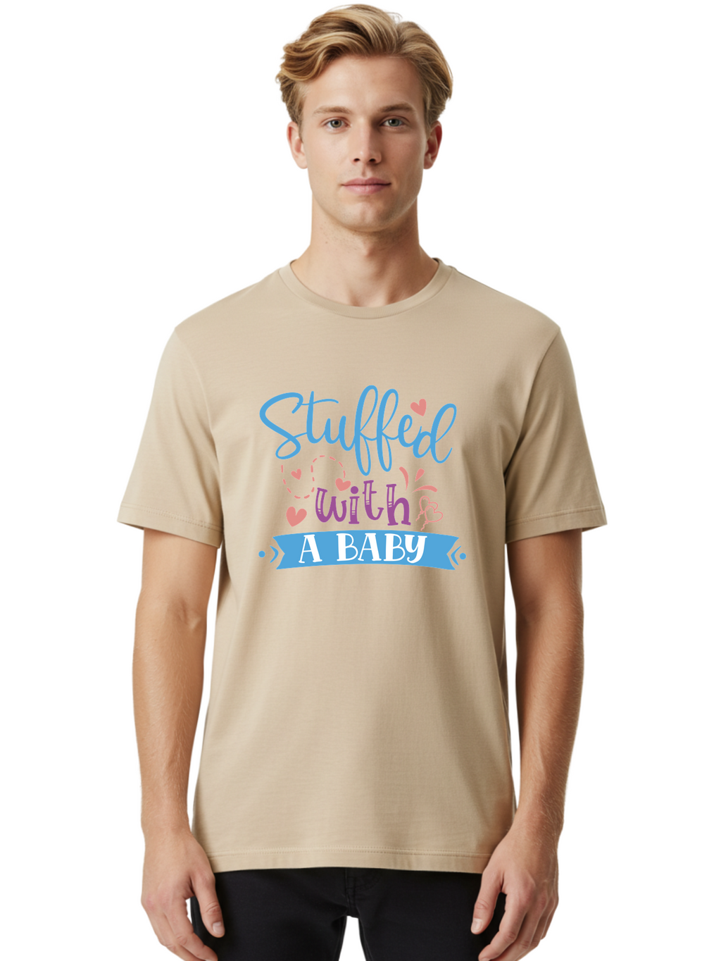 Stuffed-With-A-Baby Men'S Graphic Tee, 100% Cotton, Comfortable Casual Summer Wear, Machine Washable, Funny Pregnancy Announcement, Cute Baby Reveal, Playful Typography, Pink And Blue Hearts, Baby On Board, Sweet Designs, Gift Ideas Aad484