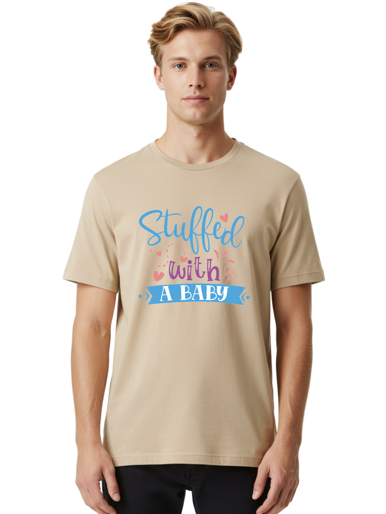 Stuffed-With-A-Baby Men'S Graphic Tee, 100% Cotton, Comfortable Casual Summer Wear, Machine Washable, Funny Pregnancy Announcement, Cute Baby Reveal, Playful Typography, Pink And Blue Hearts, Baby On Board, Sweet Designs, Gift Ideas Aad484