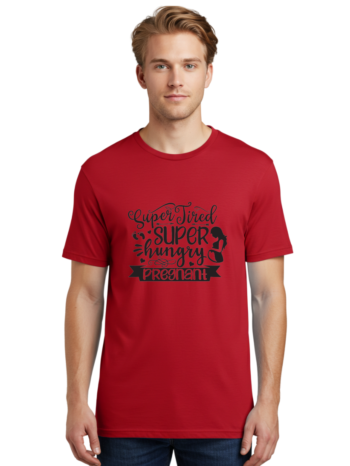 Super-Tired-Super-Hungry Men'S Graphic Tee, 100% Cotton, Comfortable Casual Summer Wear, Machine Washable, Pregnancy Fatigue, Morning Sickness, Expectant Mother, Baby On The Way, Pregnancy Journey, Mom To Be, Baby Bump Aad486