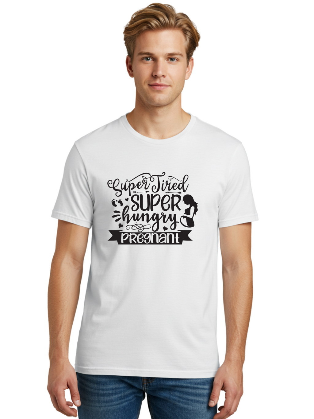 Super-Tired-Super-Hungry Men'S Graphic Tee, 100% Cotton, Comfortable Casual Summer Wear, Machine Washable, Pregnancy Fatigue, Morning Sickness, Expectant Mother, Baby On The Way, Pregnancy Journey, Mom To Be, Baby Bump Aad486