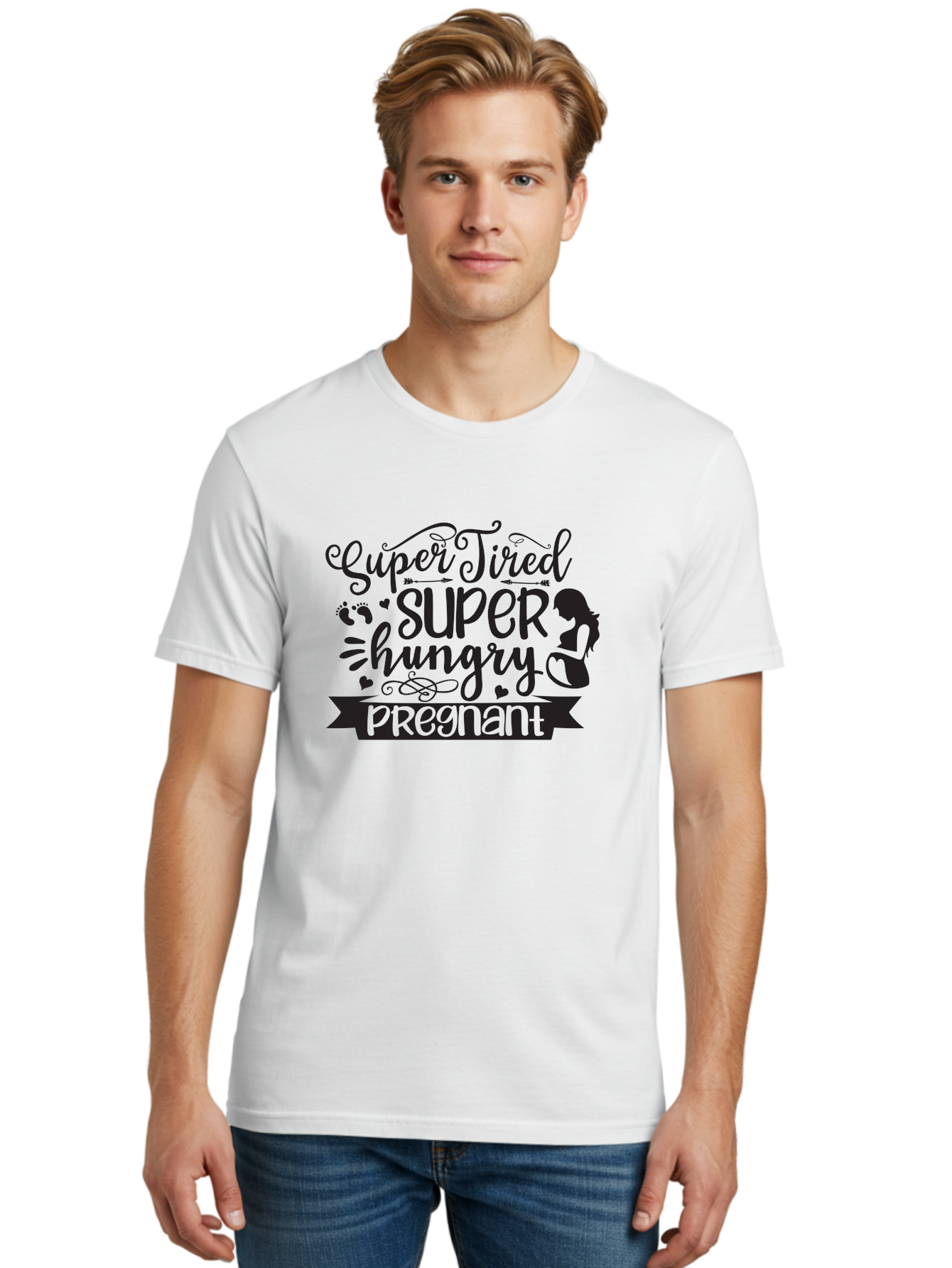 Super-Tired-Super-Hungry Men'S Graphic Tee, 100% Cotton, Comfortable Casual Summer Wear, Machine Washable, Pregnancy Fatigue, Morning Sickness, Expectant Mother, Baby On The Way, Pregnancy Journey, Mom To Be, Baby Bump Aad486
