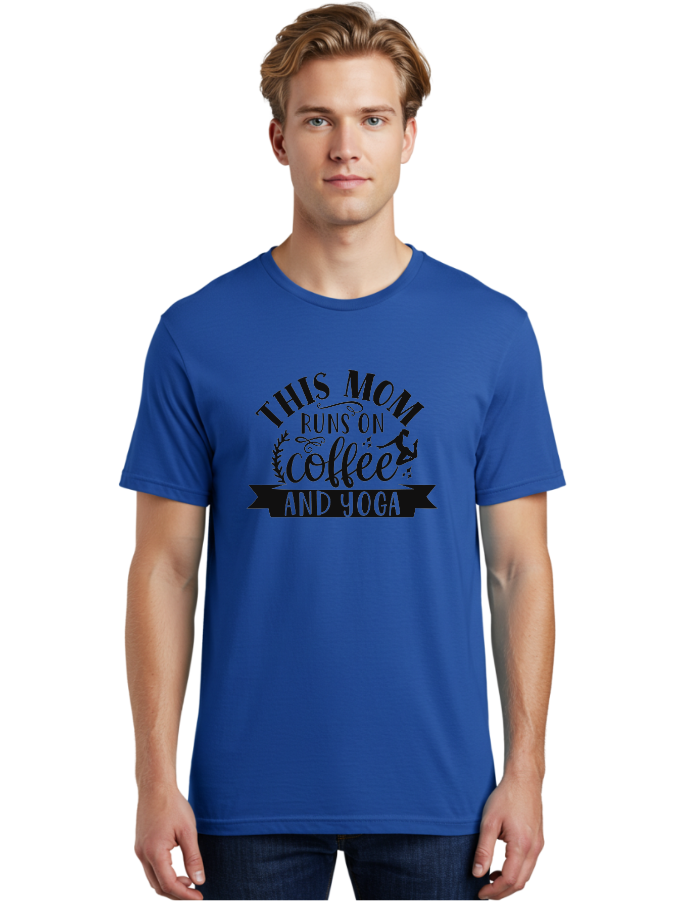 This-Mom-Runs-On-Coffee-And-Yoga Men'S Graphic Tee, 100% Cotton, Comfortable Casual Summer Wear, Machine Washable, Coffee And Yoga, Mom Life, Motherhood, Yoga For Moms, Coffee Lover, Fitness Mom, Wellness, Mindfulness, Healthy Lifestyle Aad495