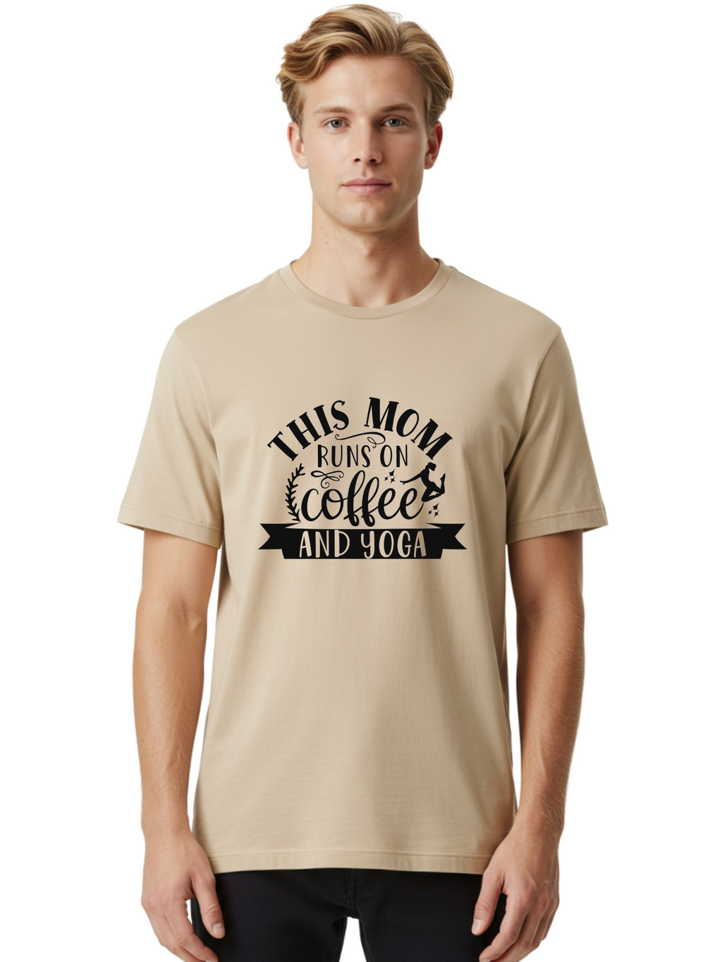 This-Mom-Runs-On-Coffee-And-Yoga Men'S Graphic Tee, 100% Cotton, Comfortable Casual Summer Wear, Machine Washable, Coffee And Yoga, Mom Life, Motherhood, Yoga For Moms, Coffee Lover, Fitness Mom, Wellness, Mindfulness, Healthy Lifestyle Aad495