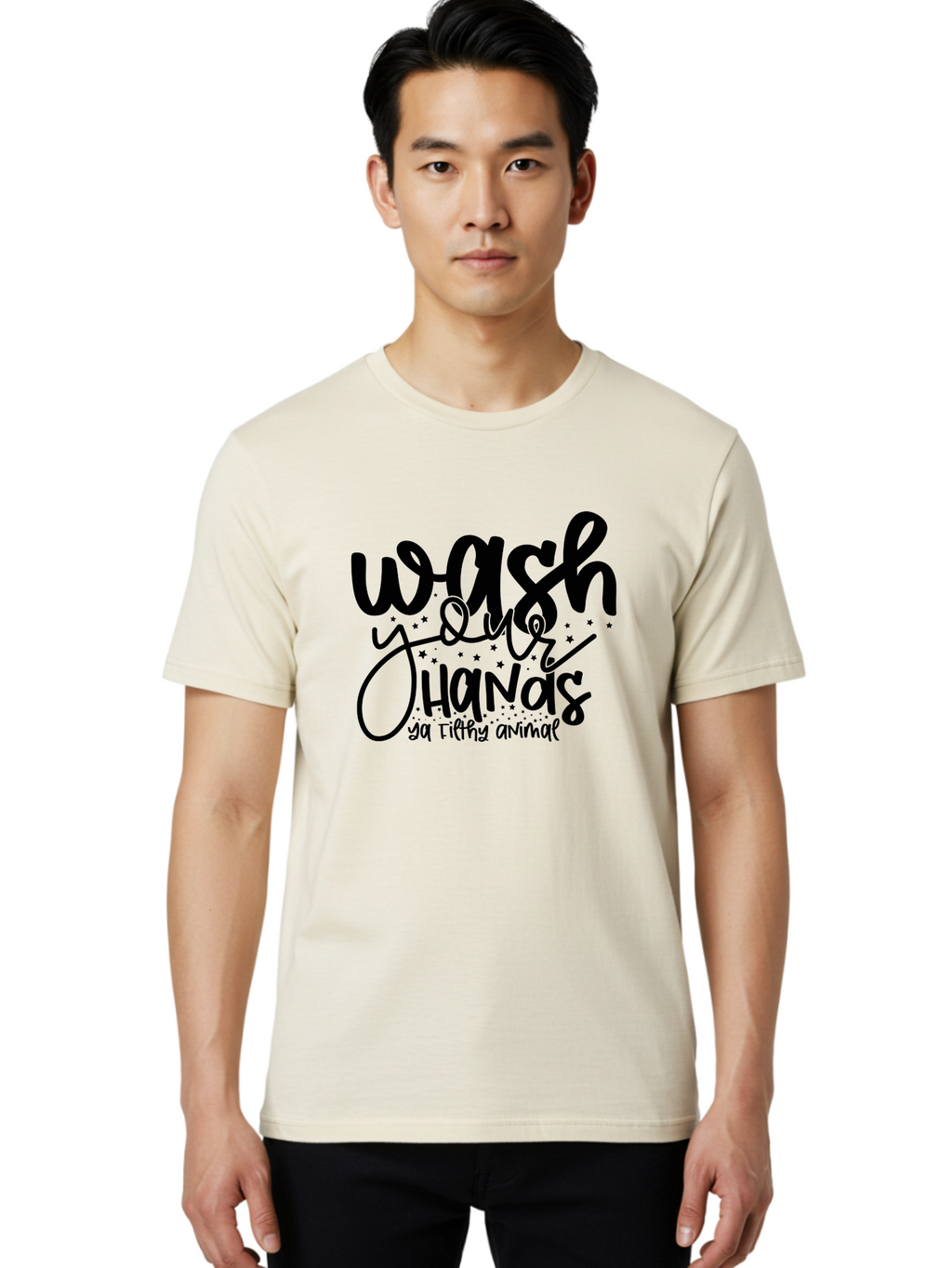 Wash-Your-Hands-Ya-Filthy-Animal Men'S Graphic Tee, 100% Cotton, Comfortable Casual Summer Wear, Machine Washable, Hand Washing Reminder, Hygiene Tips, Cleanliness Matters, Funny Quote, Quirky Humor, Sanitation Advice, Wash Your Hands, Aad498